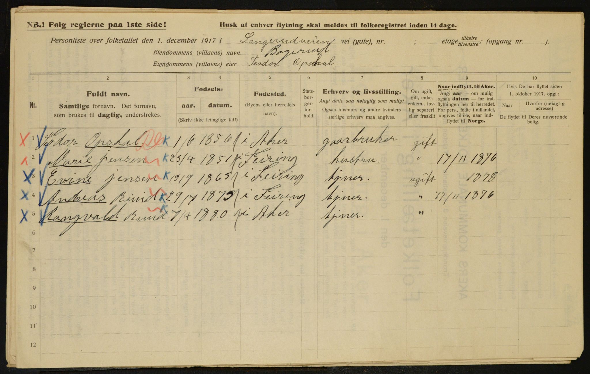 OBA, Municipal Census 1917 for Aker, 1917, p. 17213