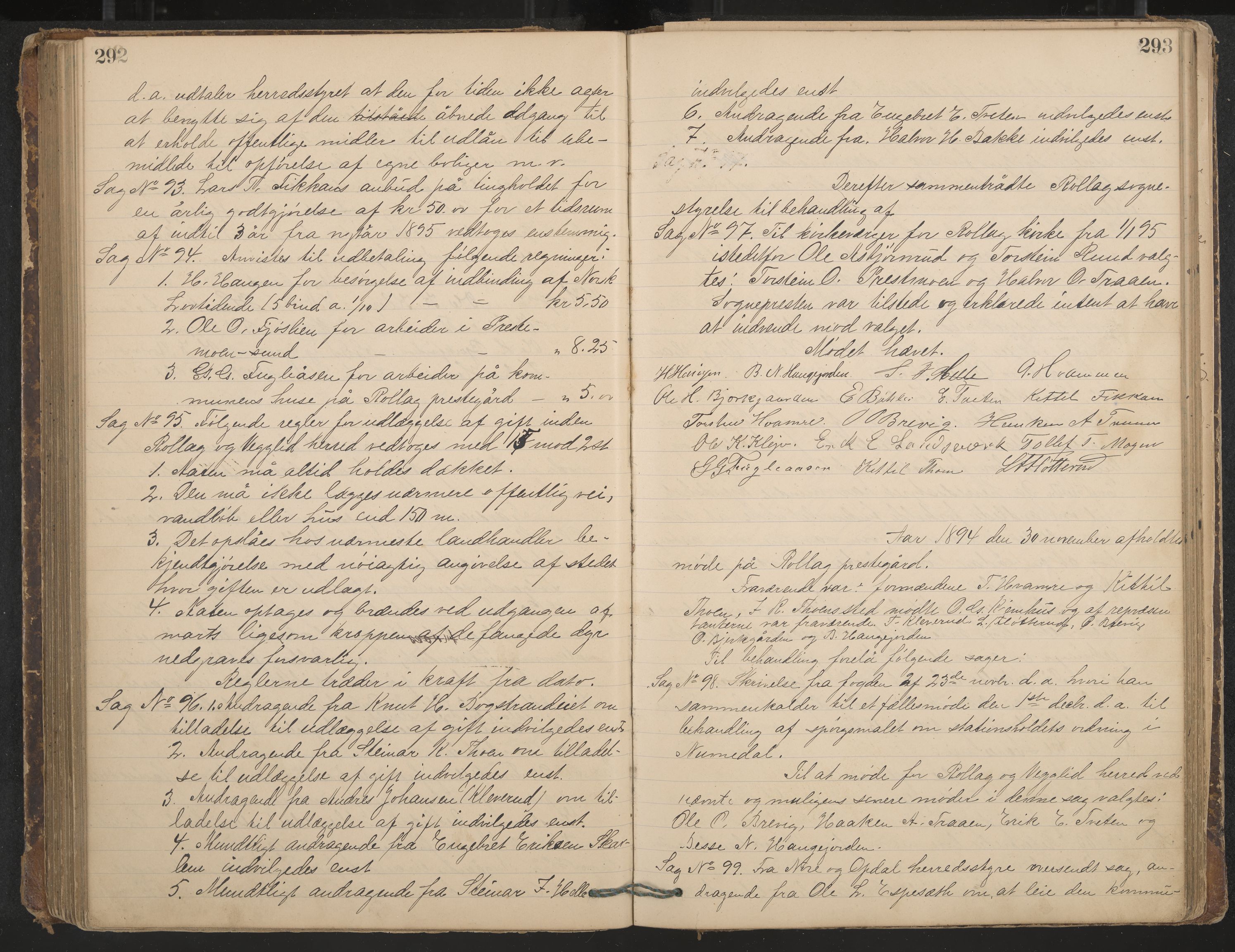 Rollag formannskap og sentraladministrasjon, IKAK/0632021-2/A/Aa/L0003: Møtebok, 1884-1897, p. 292-293