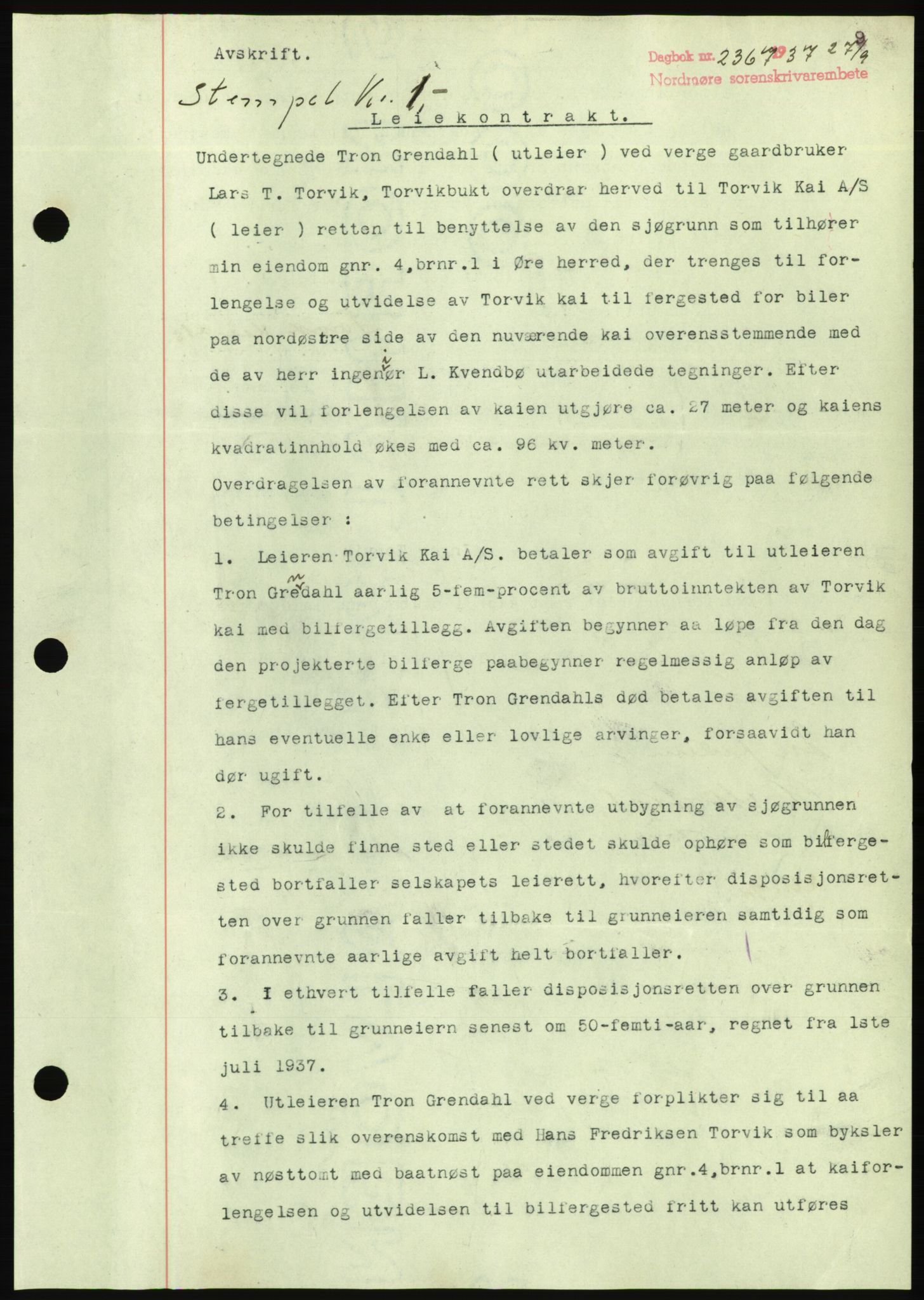 Nordmøre sorenskriveri, AV/SAT-A-4132/1/2/2Ca/L0092: Mortgage book no. B82, 1937-1938, Diary no: : 2367/1937