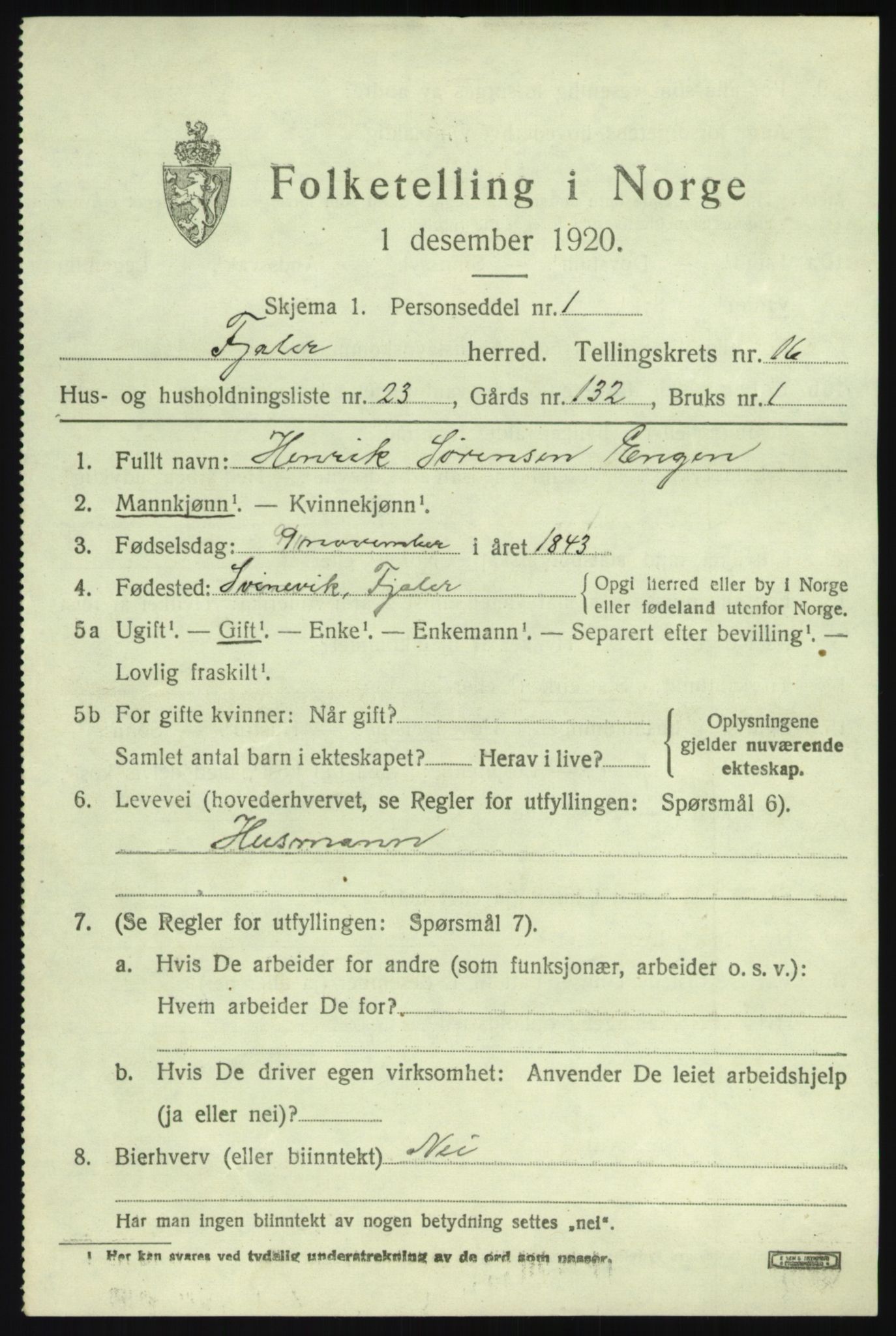 SAB, 1920 census for Fjaler, 1920, p. 8677