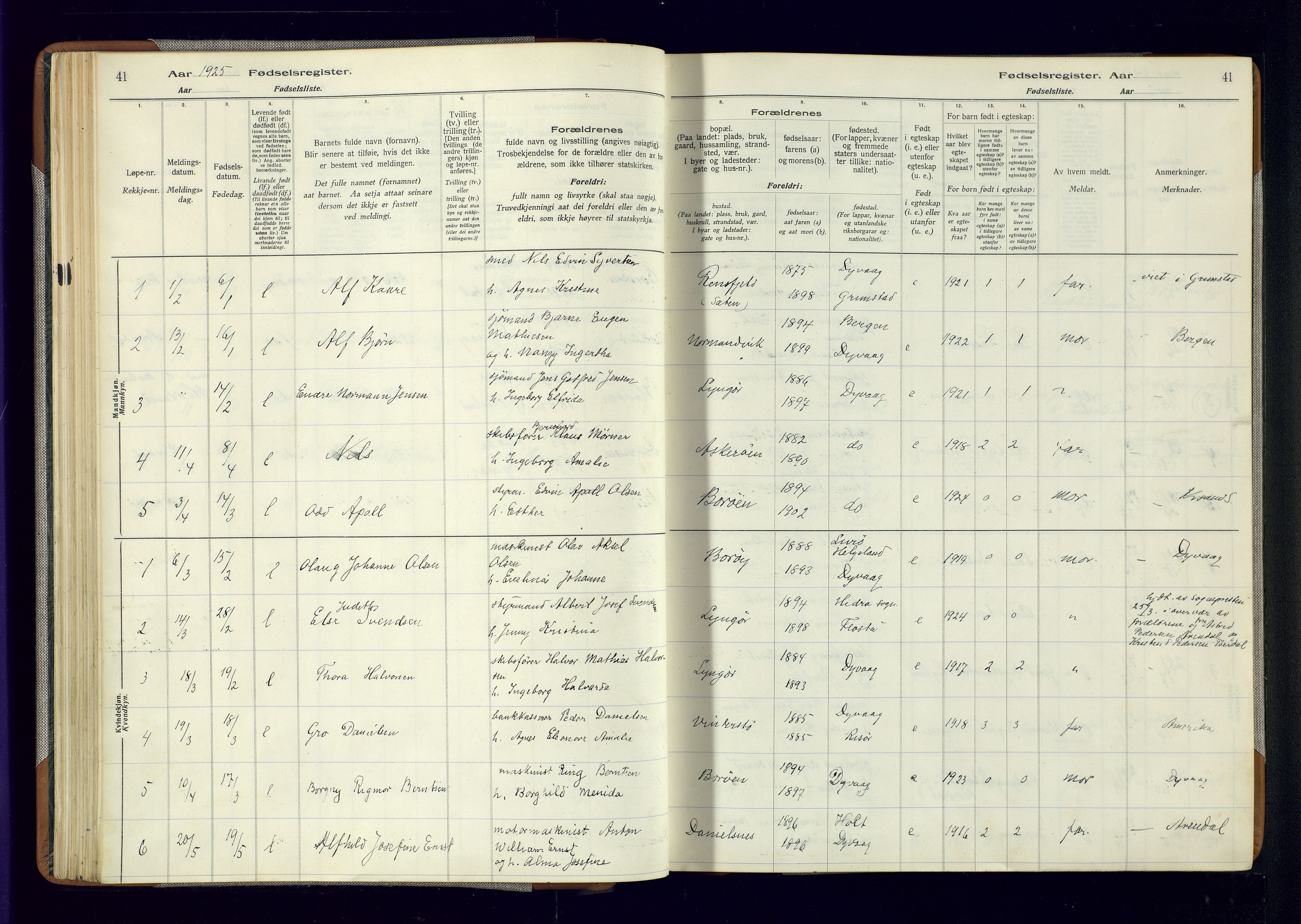 Dypvåg sokneprestkontor, AV/SAK-1111-0007/J/Ja/L0001: Birth register no. II.4.3, 1916-1975, p. 41