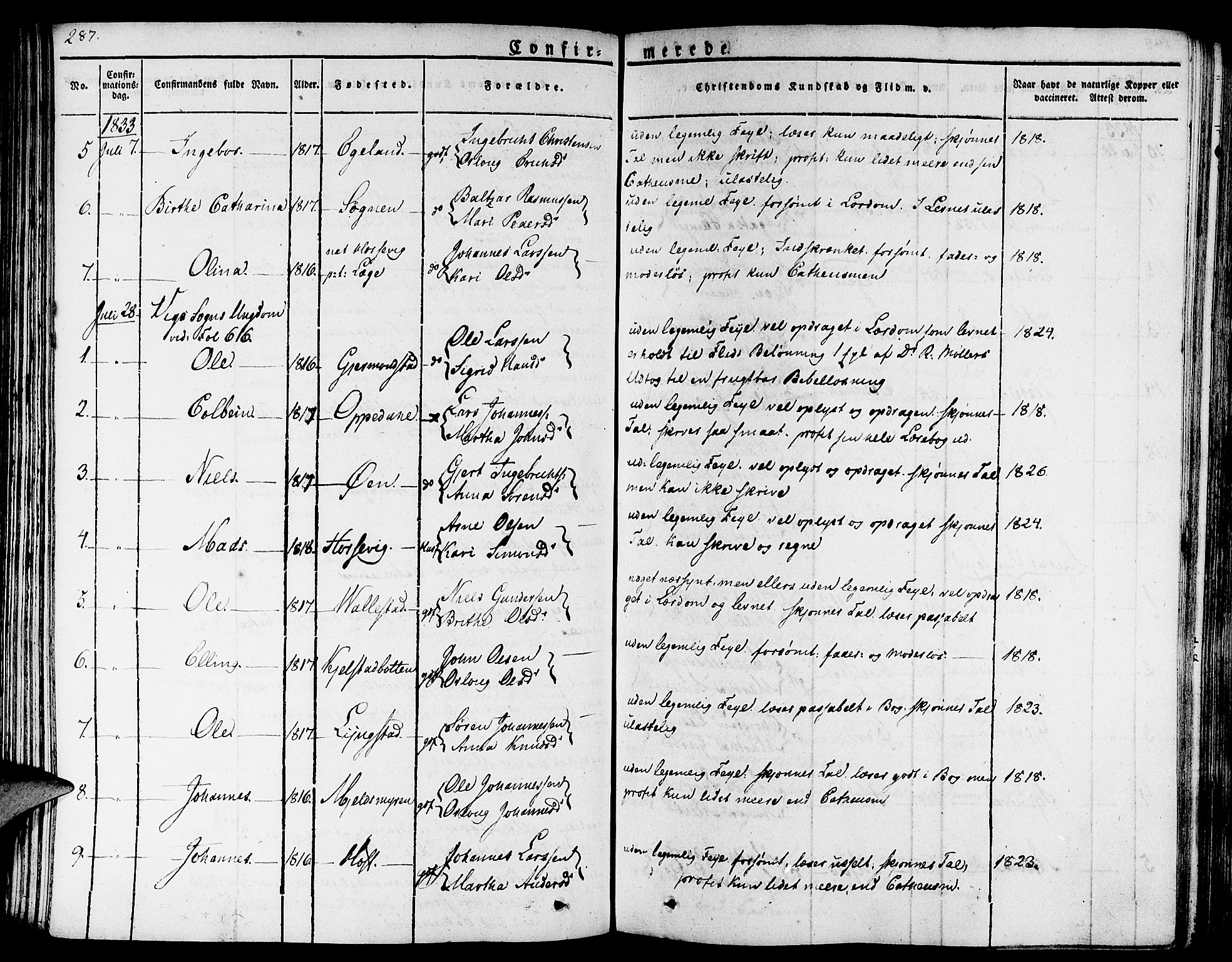Gaular sokneprestembete, SAB/A-80001/H/Haa: Parish register (official) no. A 3, 1821-1840, p. 287