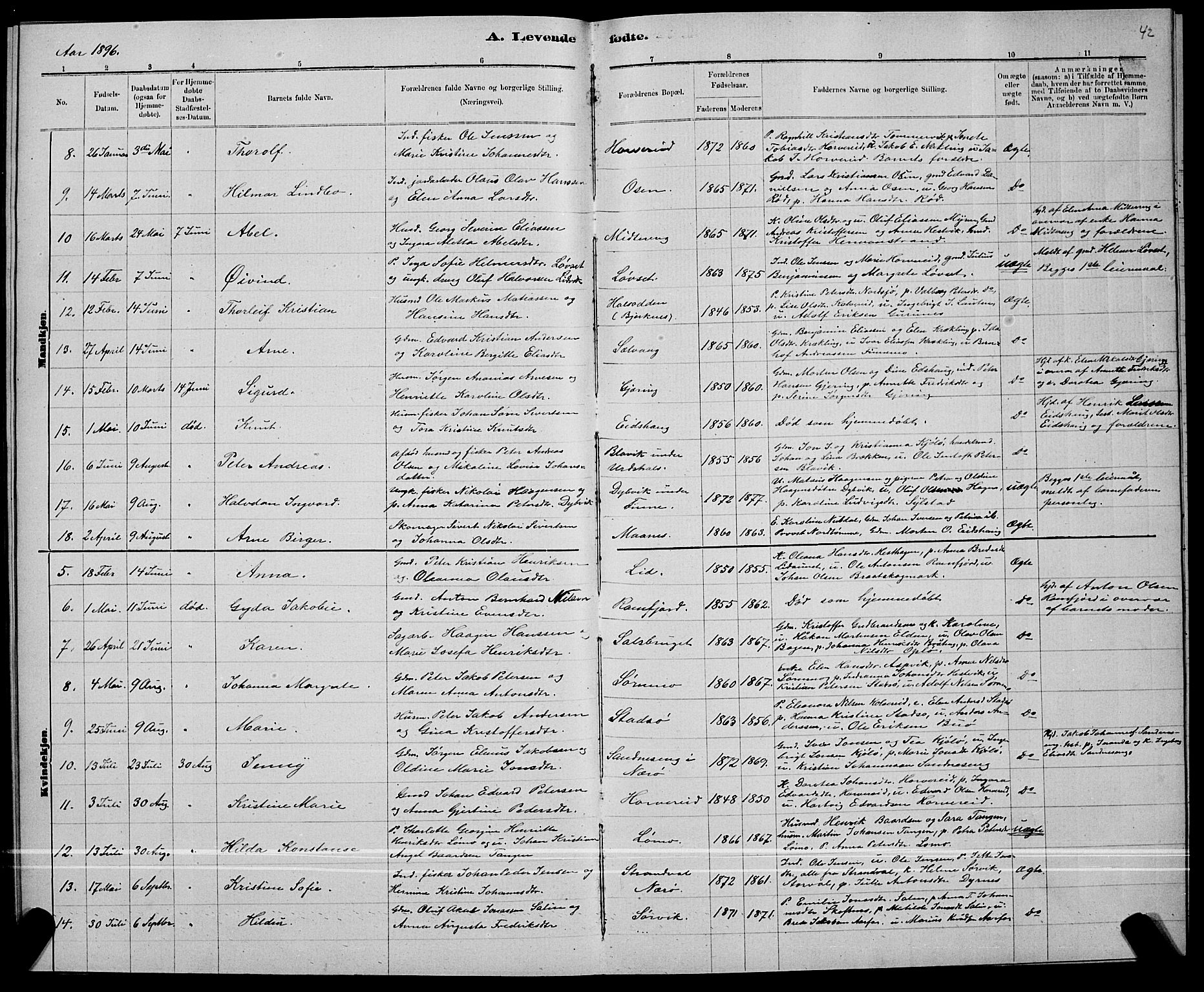 Ministerialprotokoller, klokkerbøker og fødselsregistre - Nord-Trøndelag, AV/SAT-A-1458/780/L0651: Parish register (copy) no. 780C03, 1884-1898, p. 42