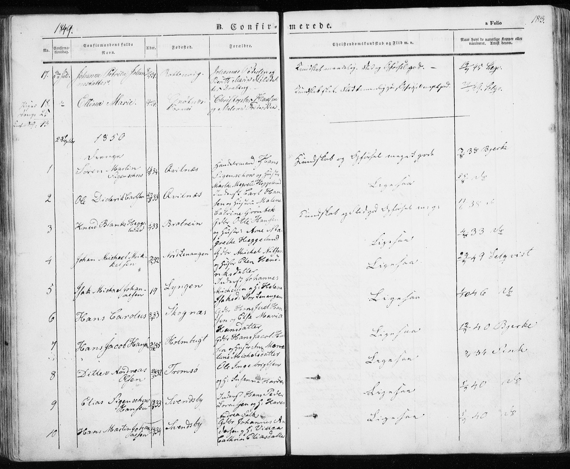 Karlsøy sokneprestembete, SATØ/S-1299/H/Ha/Haa/L0003kirke: Parish register (official) no. 3, 1843-1860, p. 183