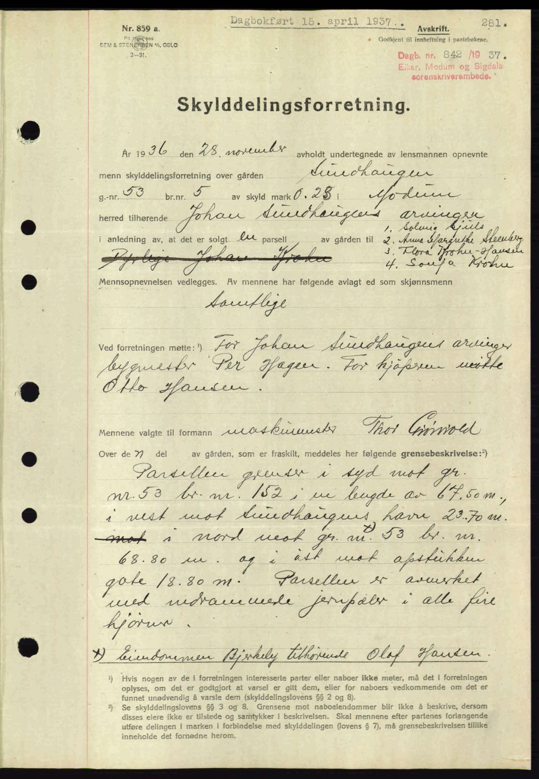 Eiker, Modum og Sigdal sorenskriveri, SAKO/A-123/G/Ga/Gab/L0035: Mortgage book no. A5, 1937-1937, Diary no: : 842/1937