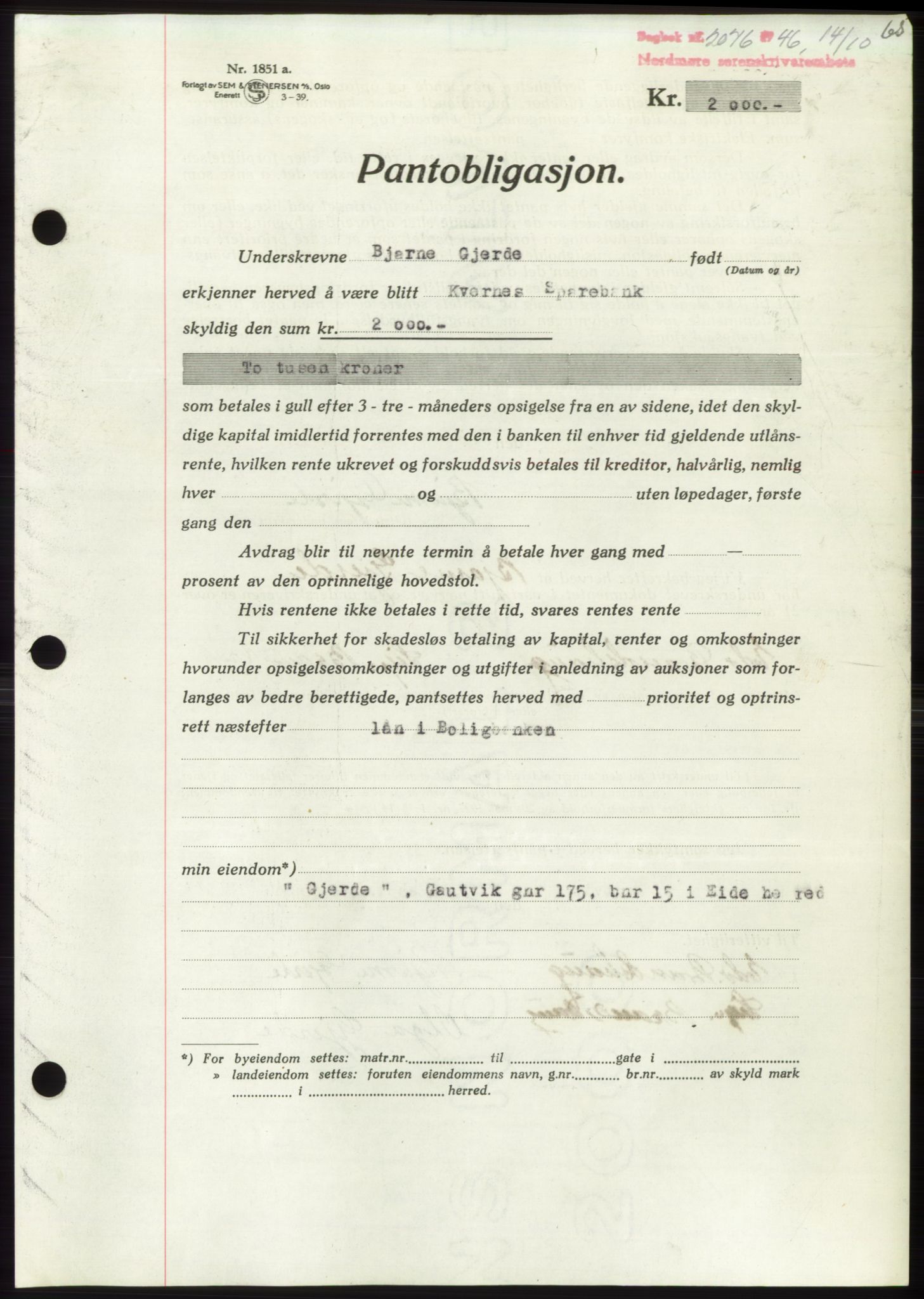 Nordmøre sorenskriveri, AV/SAT-A-4132/1/2/2Ca: Mortgage book no. B95, 1946-1947, Diary no: : 2076/1946