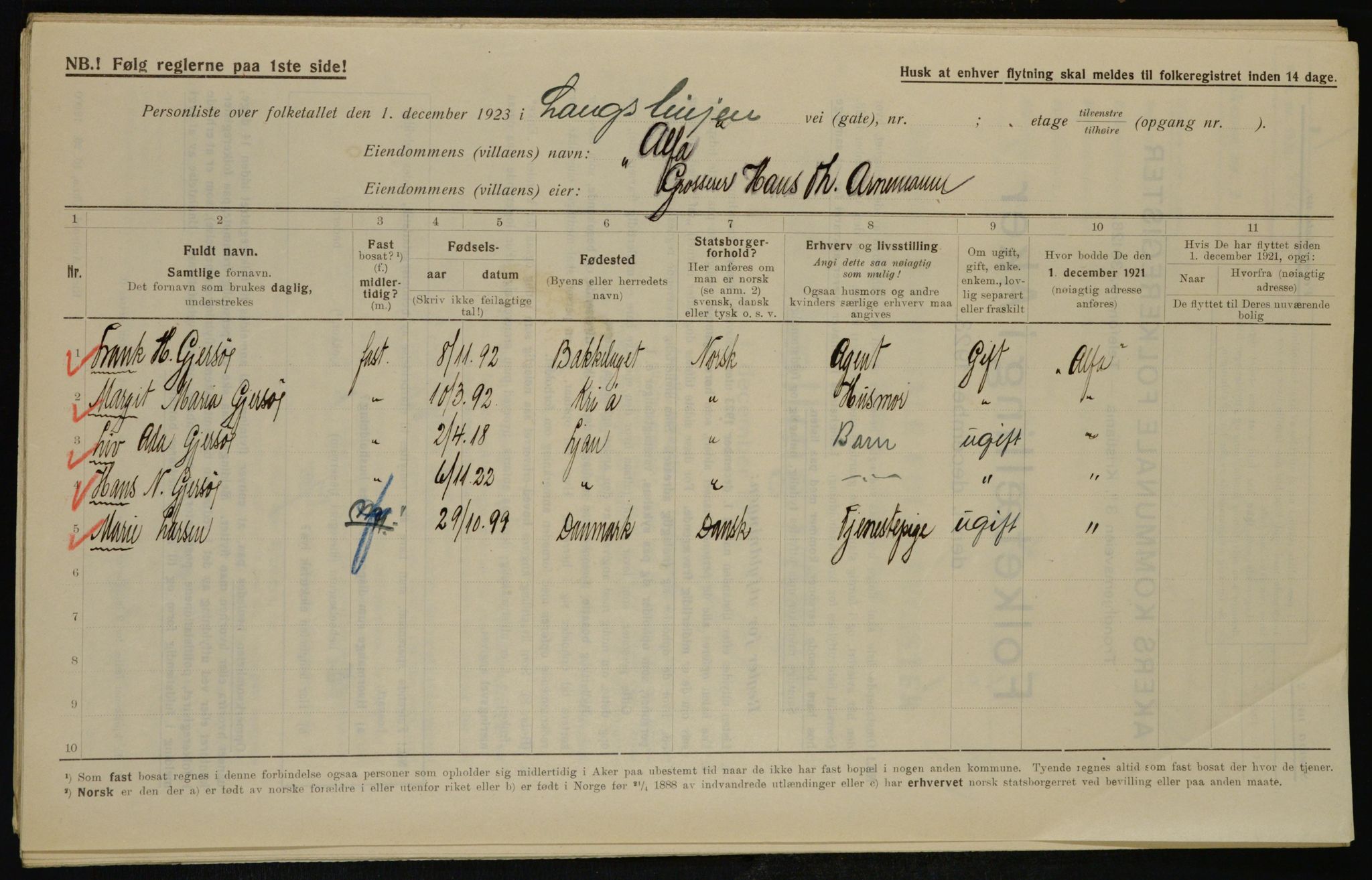 , Municipal Census 1923 for Aker, 1923, p. 45478