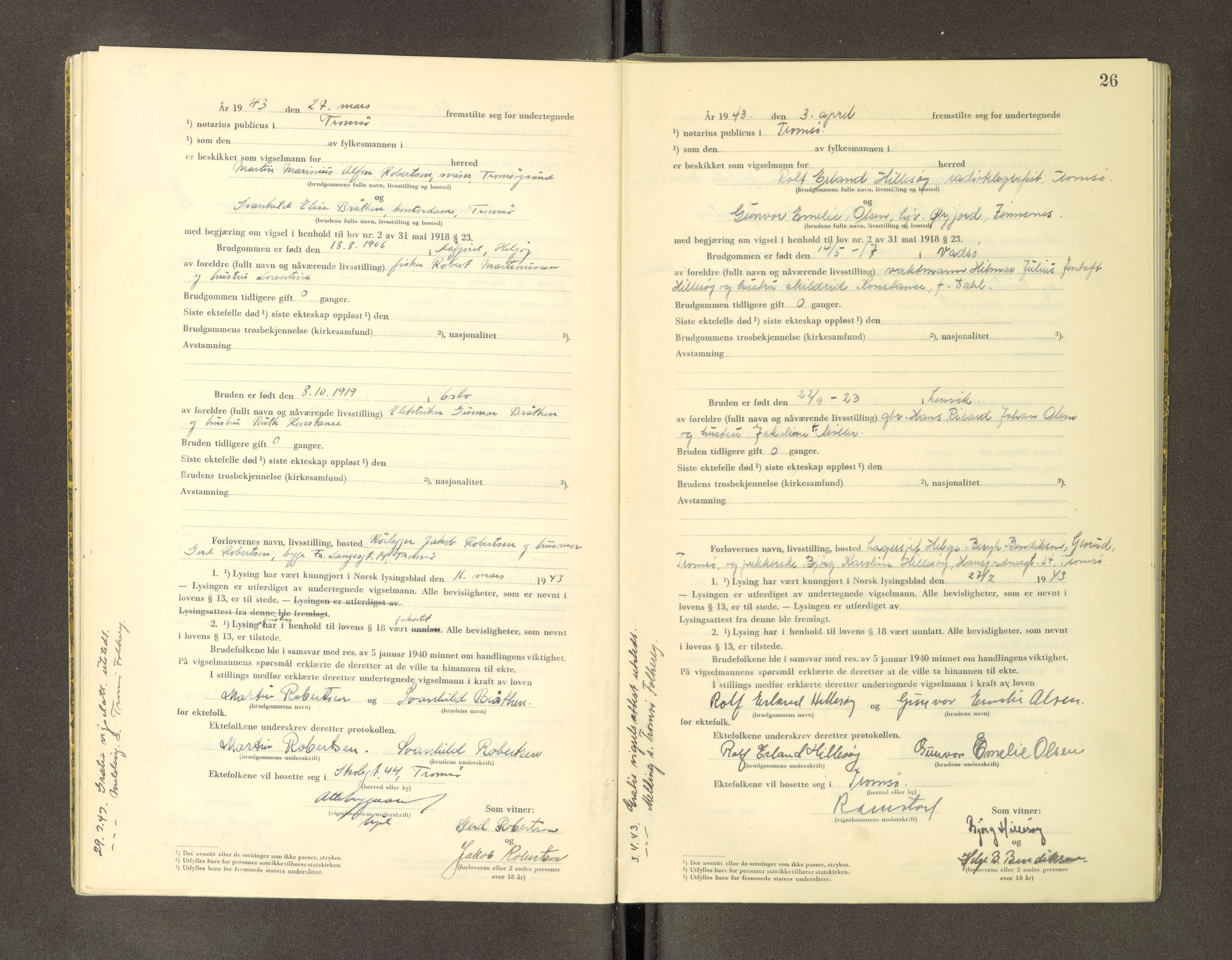 Tromsø byfogd/byrett, AV/SATØ-SATØ-0063/1/Ob/Obc/L0986: Vigselsbok, 1942-1945, p. 26