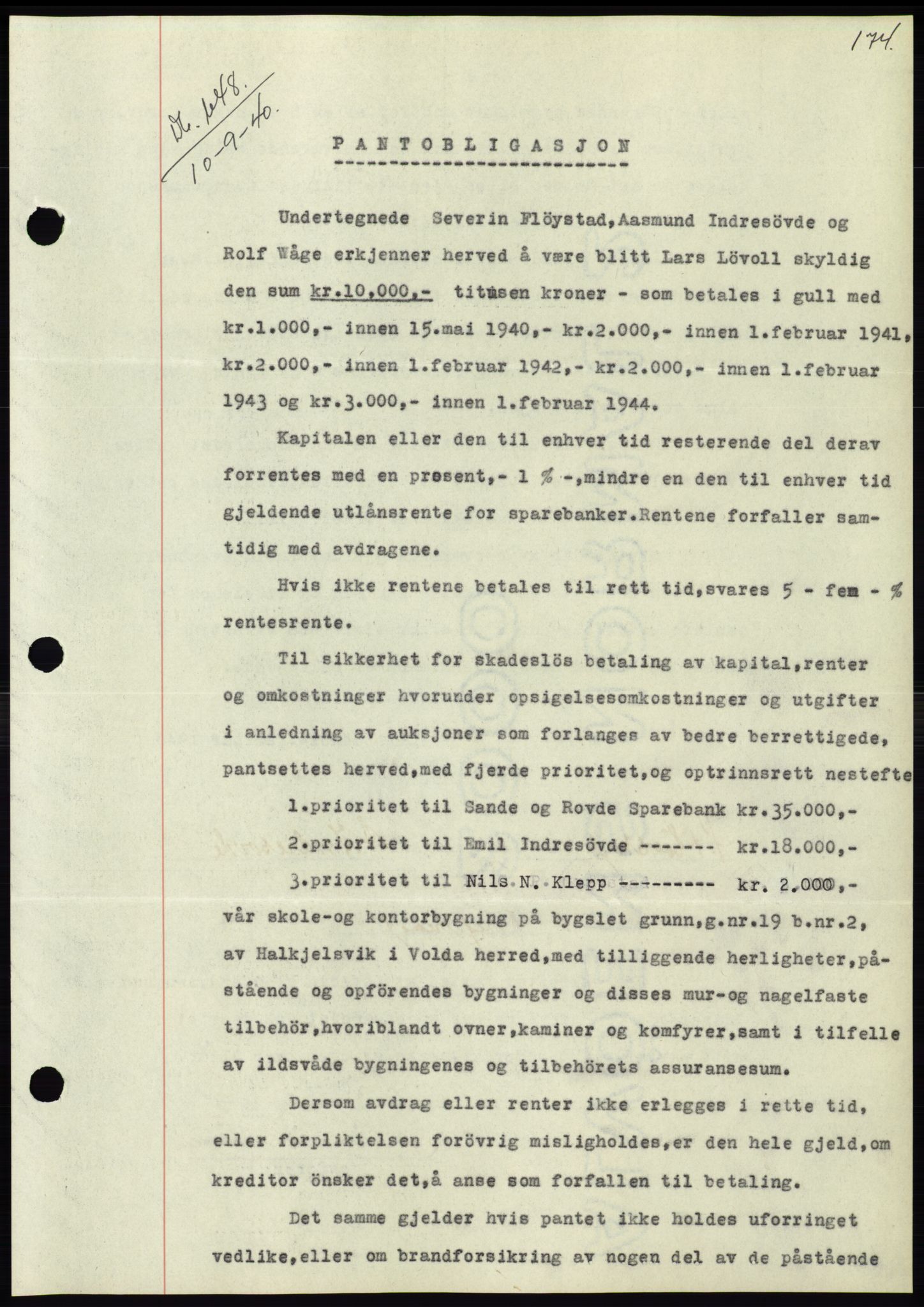 Søre Sunnmøre sorenskriveri, AV/SAT-A-4122/1/2/2C/L0070: Mortgage book no. 64, 1940-1941, Diary no: : 648/1940