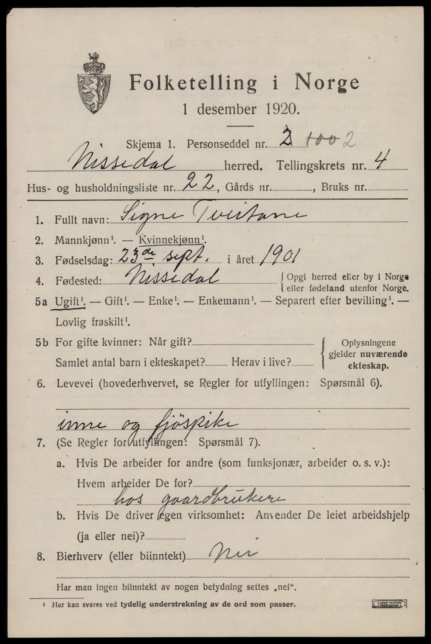 SAKO, 1920 census for Nissedal, 1920, p. 2029