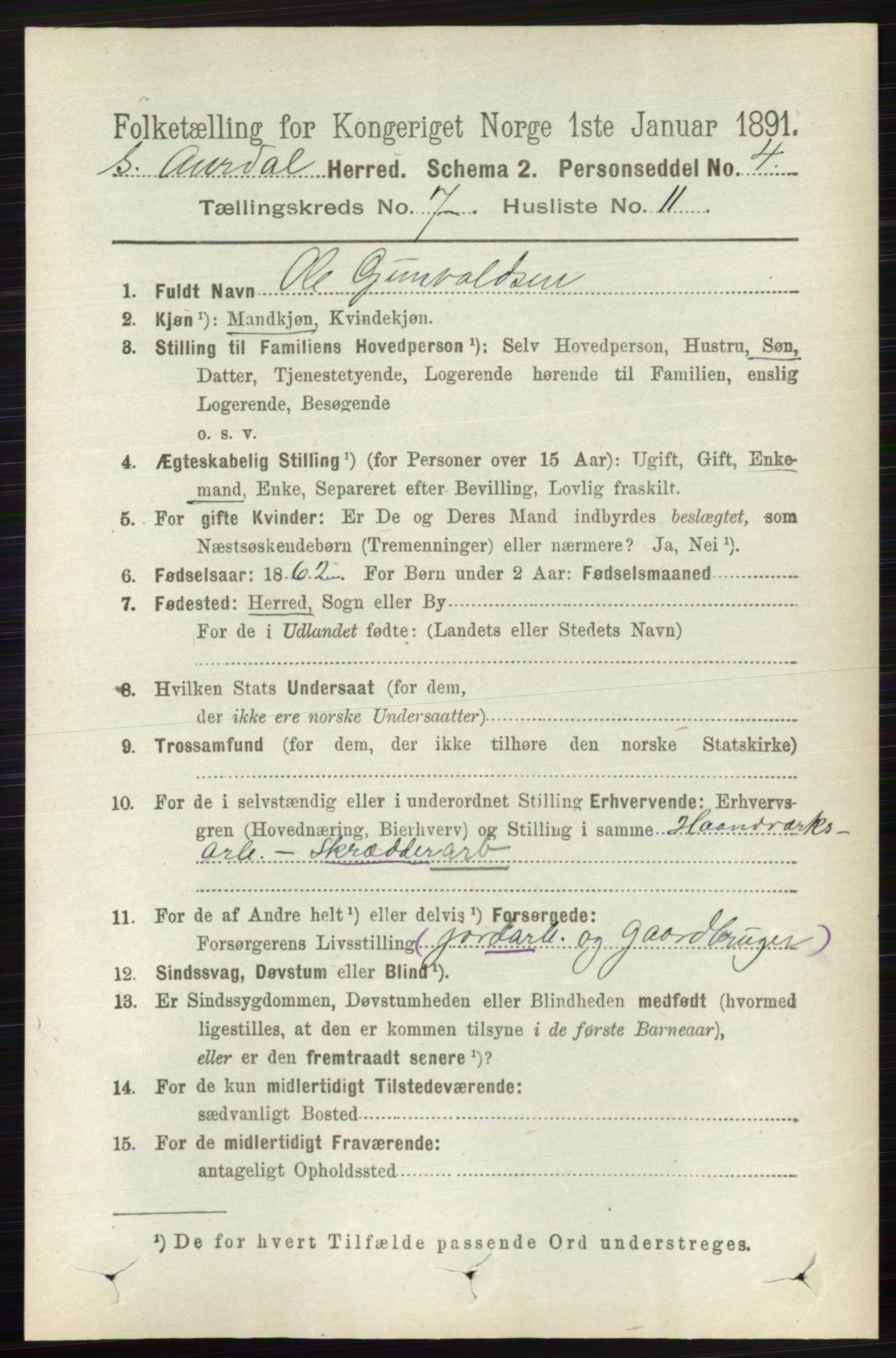 RA, 1891 census for 0540 Sør-Aurdal, 1891, p. 4473