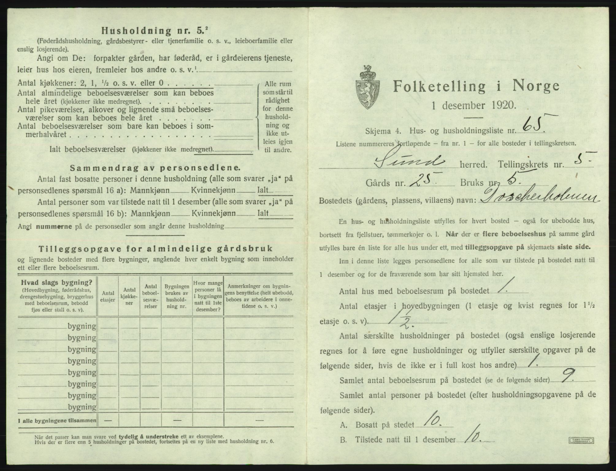 SAB, 1920 census for Sund, 1920, p. 498