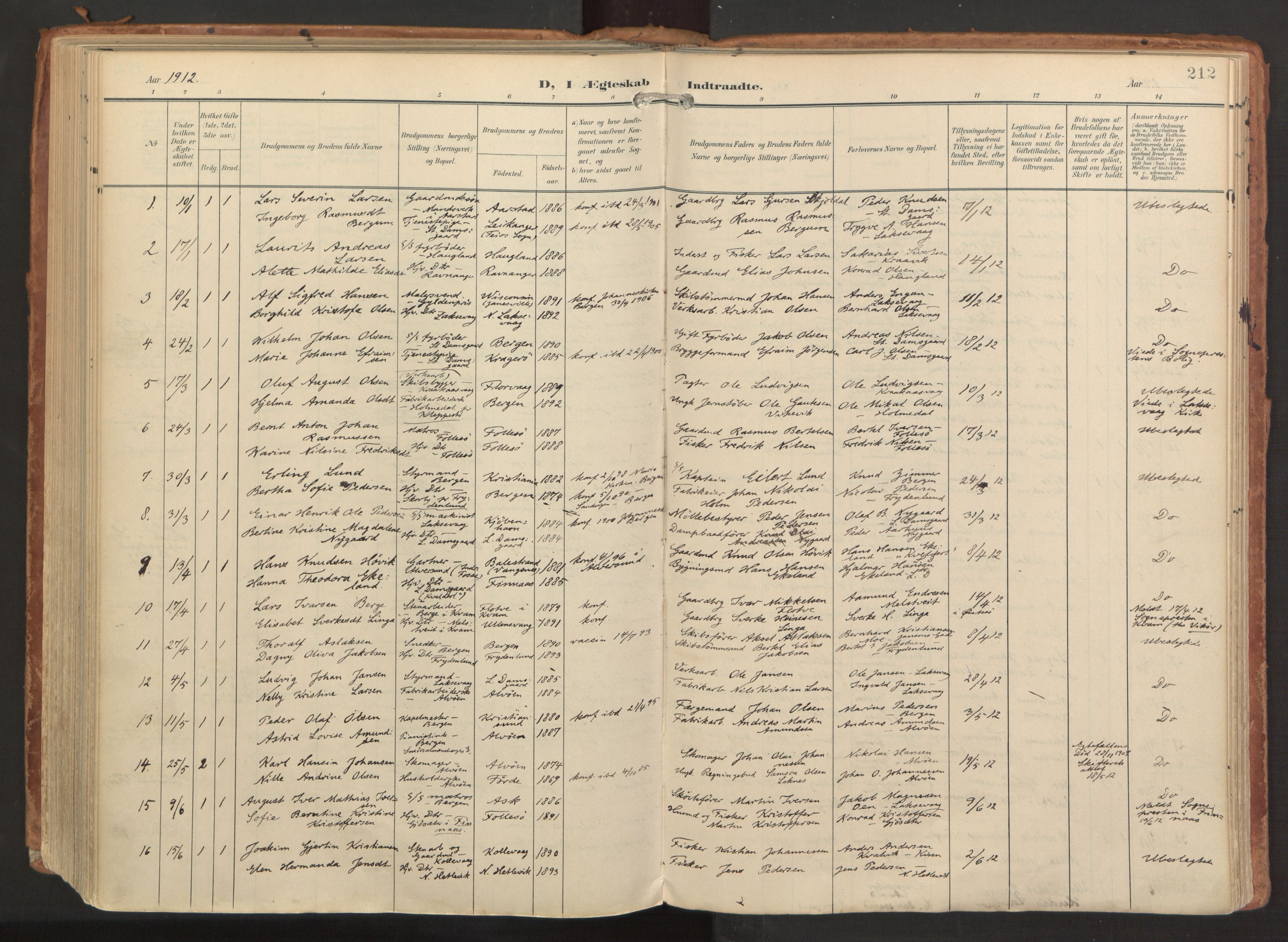Laksevåg Sokneprestembete, SAB/A-76501/H/Ha/Haa/Haaa/L0001: Parish register (official) no. A 1, 1903-1917, p. 212