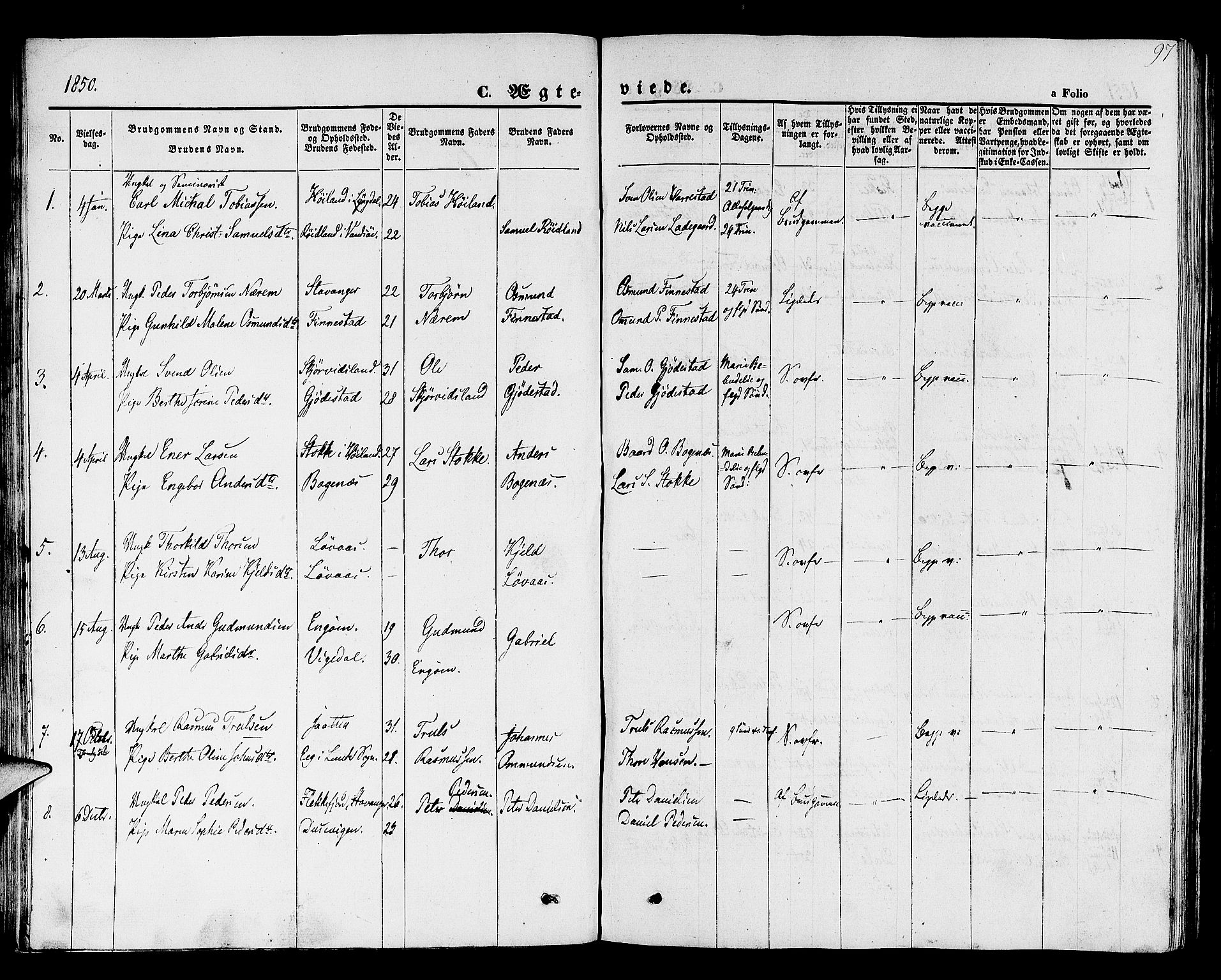 Hetland sokneprestkontor, SAST/A-101826/30/30BB/L0001: Parish register (copy) no. B 1, 1850-1868, p. 97