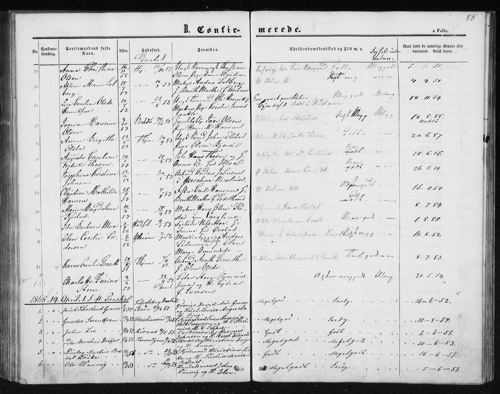 Ministerialprotokoller, klokkerbøker og fødselsregistre - Sør-Trøndelag, SAT/A-1456/602/L0114: Parish register (official) no. 602A12, 1856-1872, p. 85