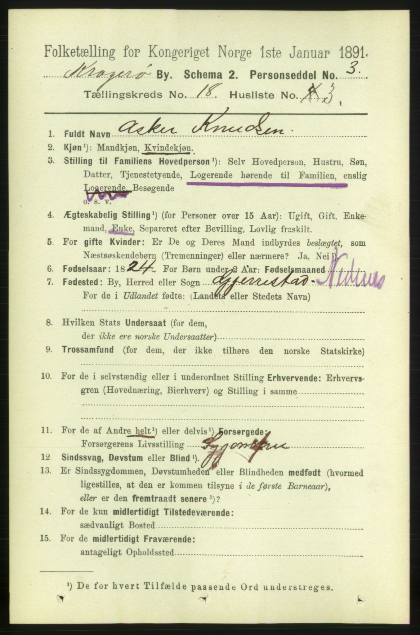 RA, 1891 census for 0801 Kragerø, 1891, p. 4467