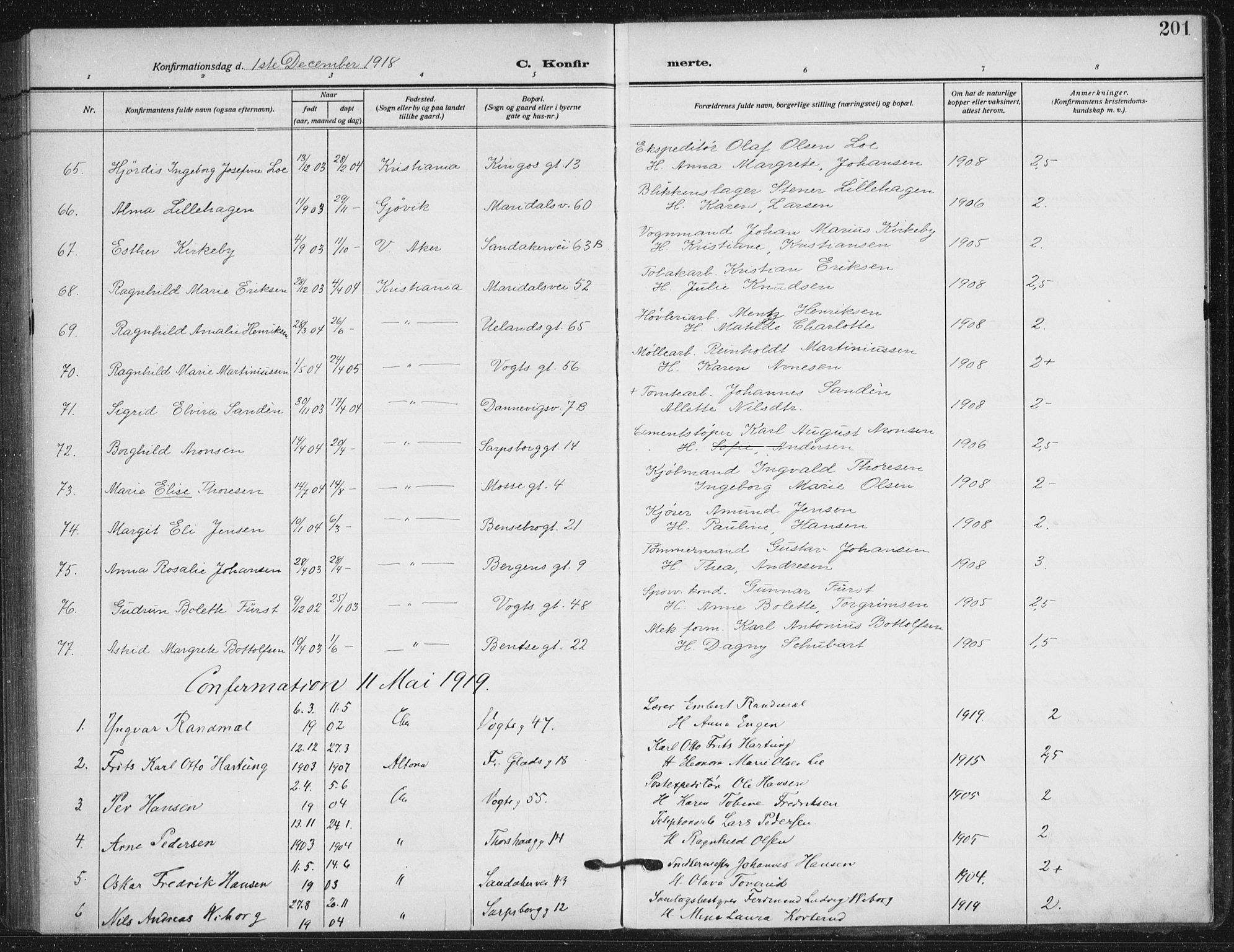 Sagene prestekontor Kirkebøker, SAO/A-10796/F/L0008: Parish register (official) no. 8, 1910-1919, p. 201