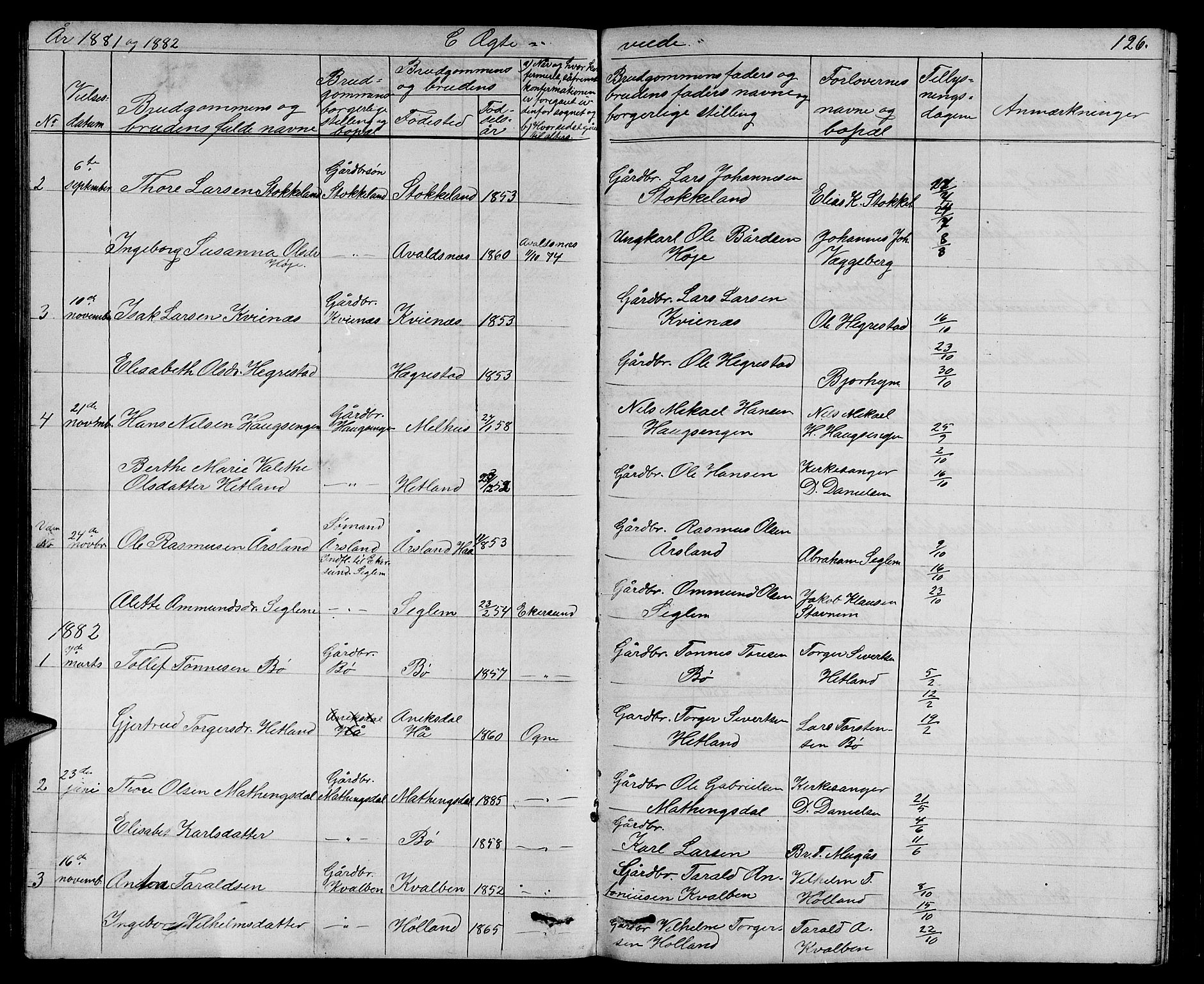 Eigersund sokneprestkontor, SAST/A-101807/S09/L0006: Parish register (copy) no. B 6, 1876-1889, p. 126