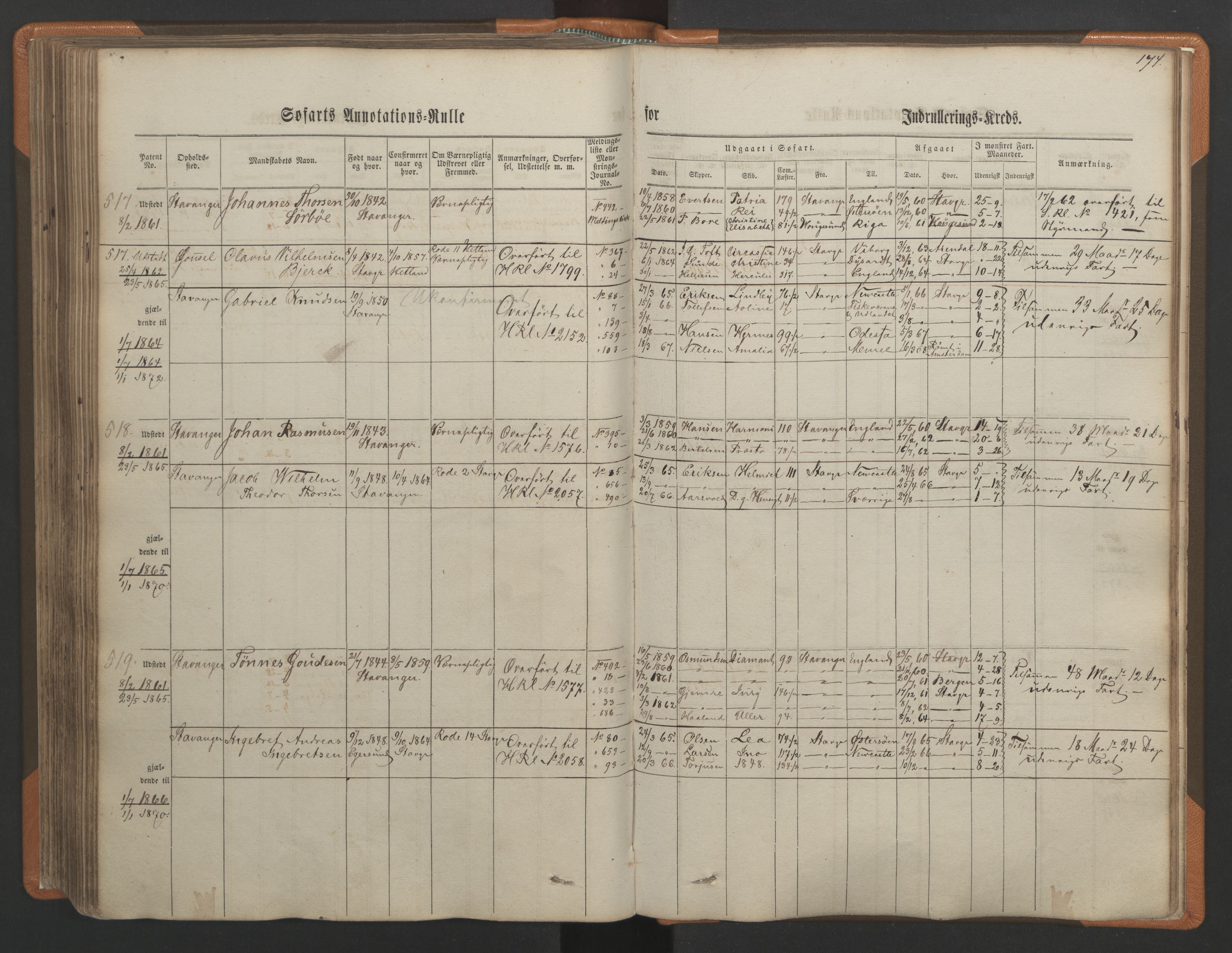 Stavanger sjømannskontor, AV/SAST-A-102006/F/Ff/L0001: Annotasjonsrulle, patentnr. 1-597 (del 1), 1860-1864, p. 184