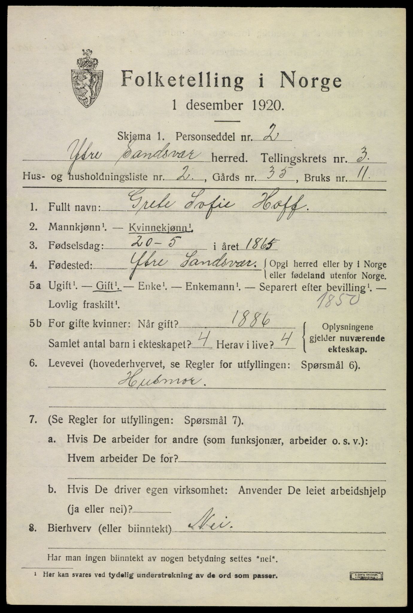 SAKO, 1920 census for Ytre Sandsvær, 1920, p. 3706