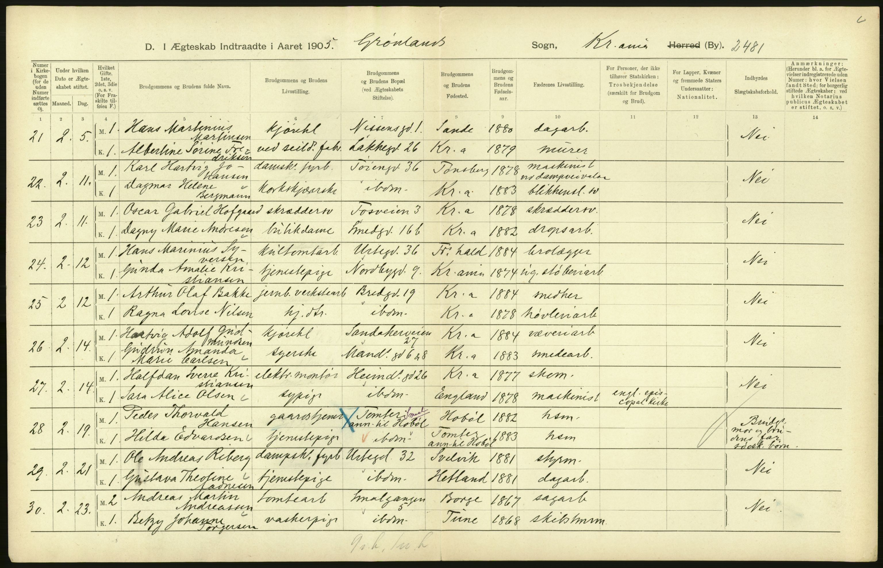 Statistisk sentralbyrå, Sosiodemografiske emner, Befolkning, AV/RA-S-2228/D/Df/Dfa/Dfac/L0007b: Kristiania: Gifte, 1905, p. 344