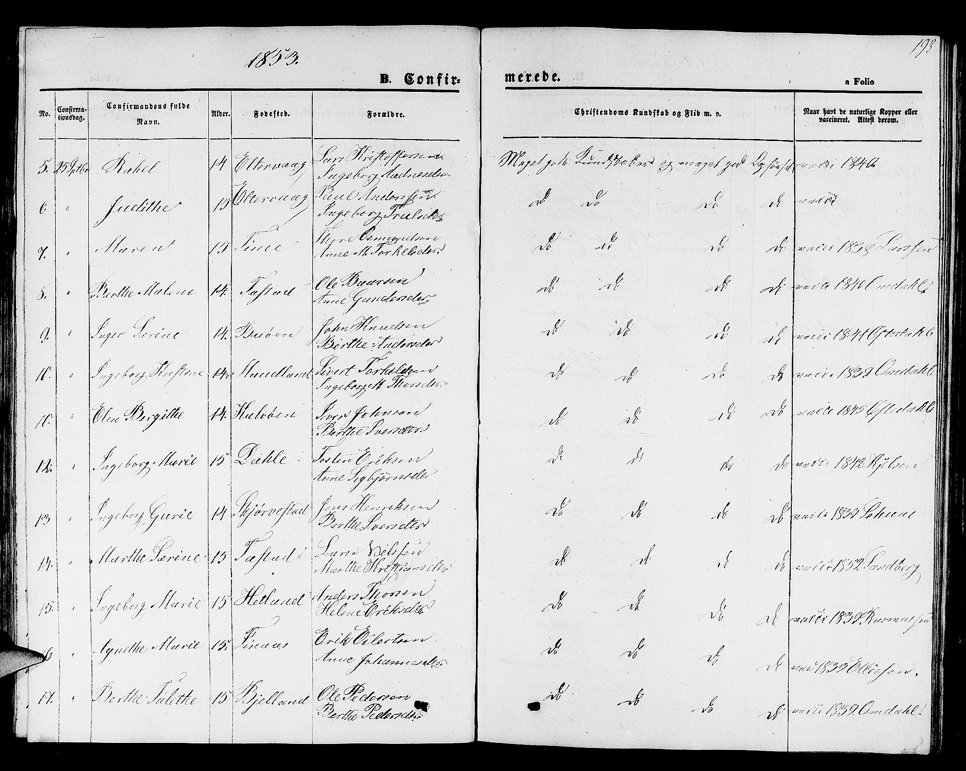 Hetland sokneprestkontor, SAST/A-101826/30/30BB/L0001: Parish register (copy) no. B 1, 1850-1868, p. 193