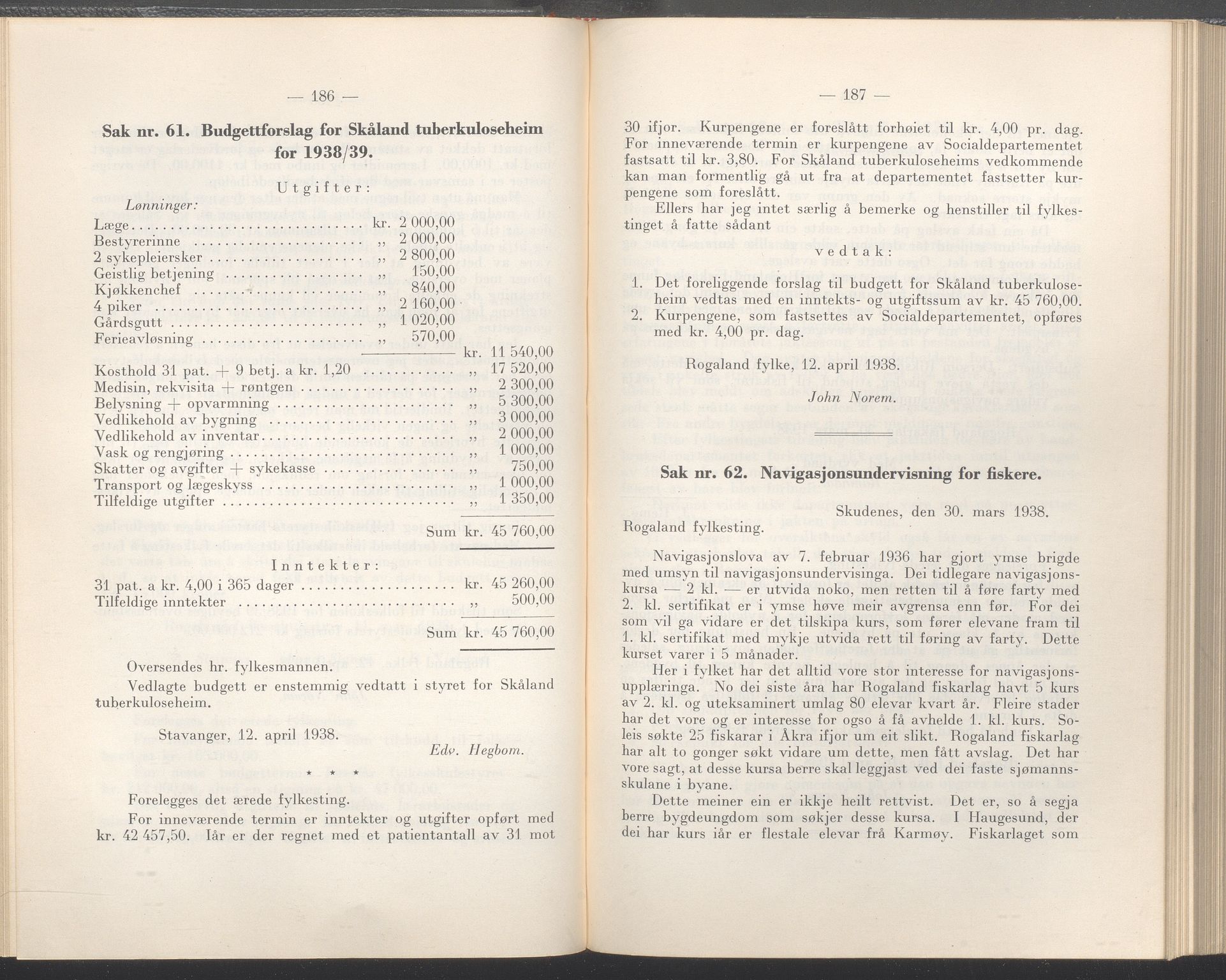 Rogaland fylkeskommune - Fylkesrådmannen , IKAR/A-900/A/Aa/Aaa/L0057: Møtebok , 1938, p. 186-187