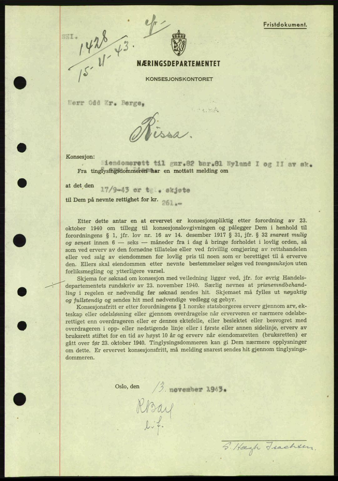 Fosen sorenskriveri, AV/SAT-A-1107/1/2/2C: Mortgage book no. B1, 1943-1945, Diary no: : 1428/1943