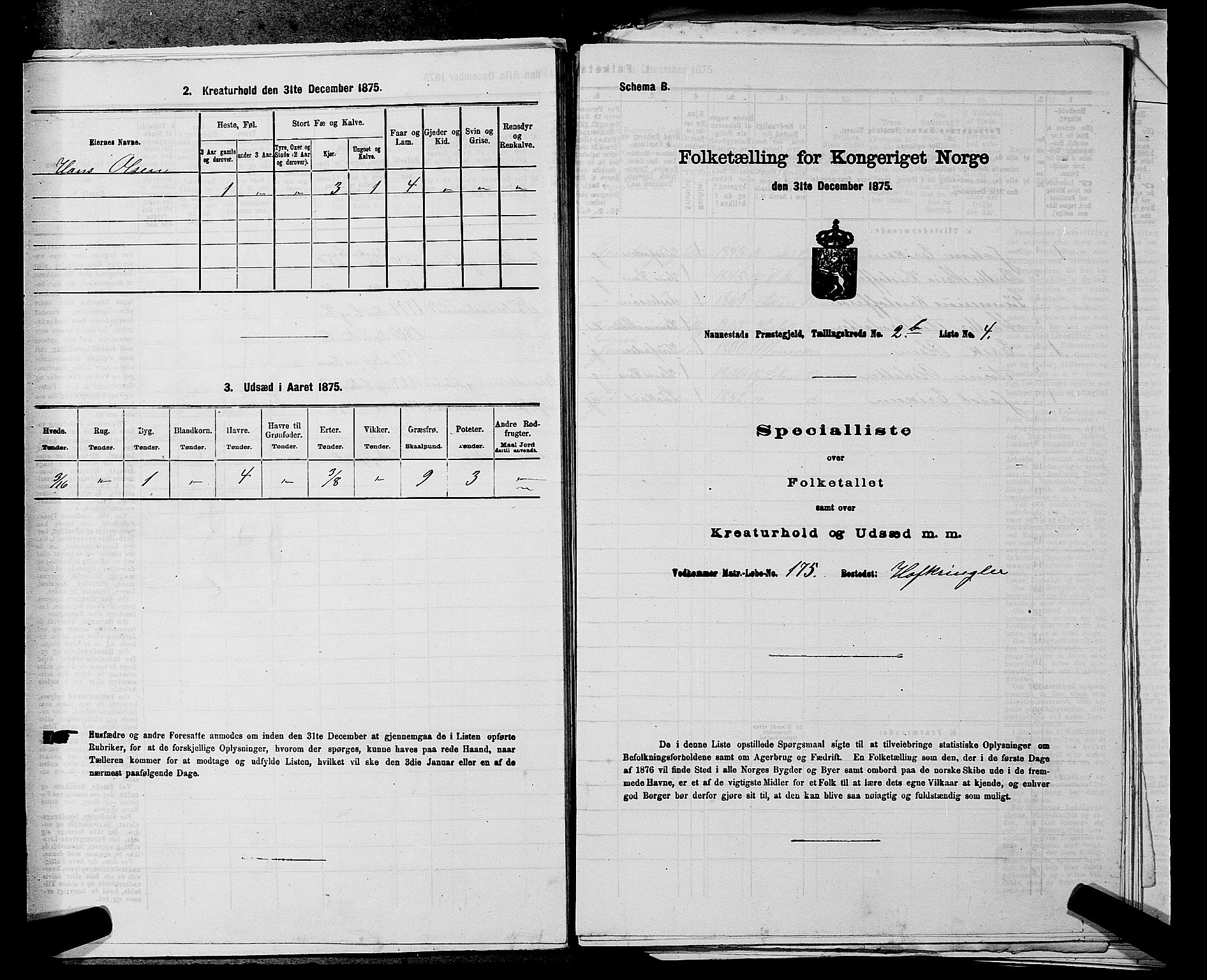 RA, 1875 census for 0238P Nannestad, 1875, p. 340