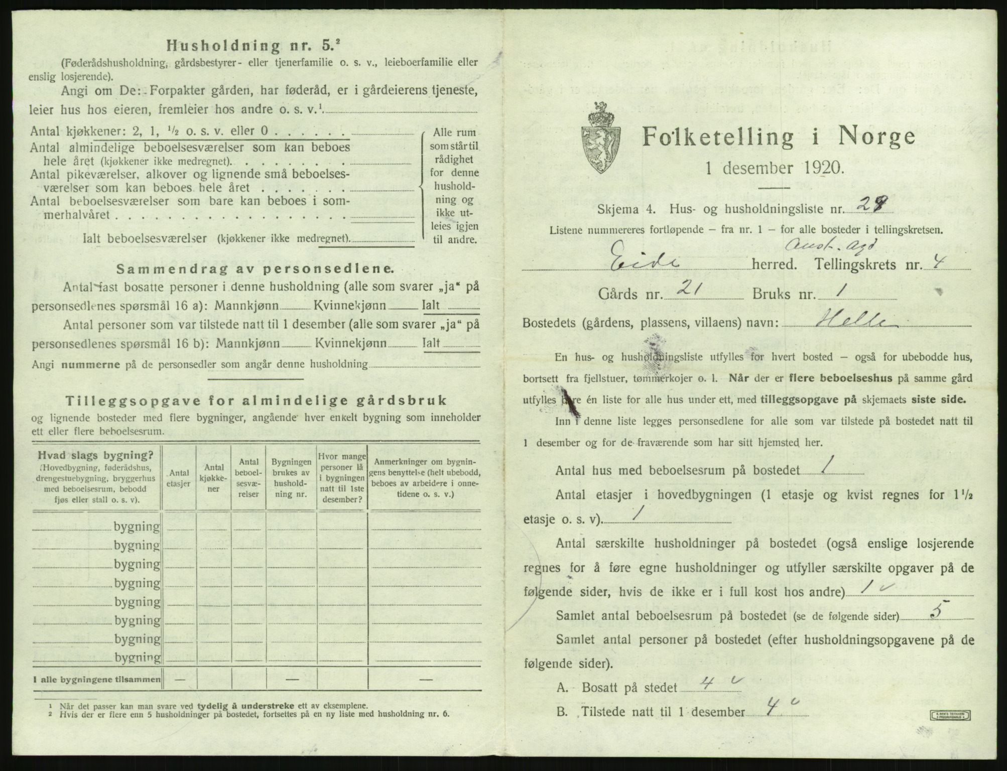 SAK, 1920 census for Eide, 1920, p. 282