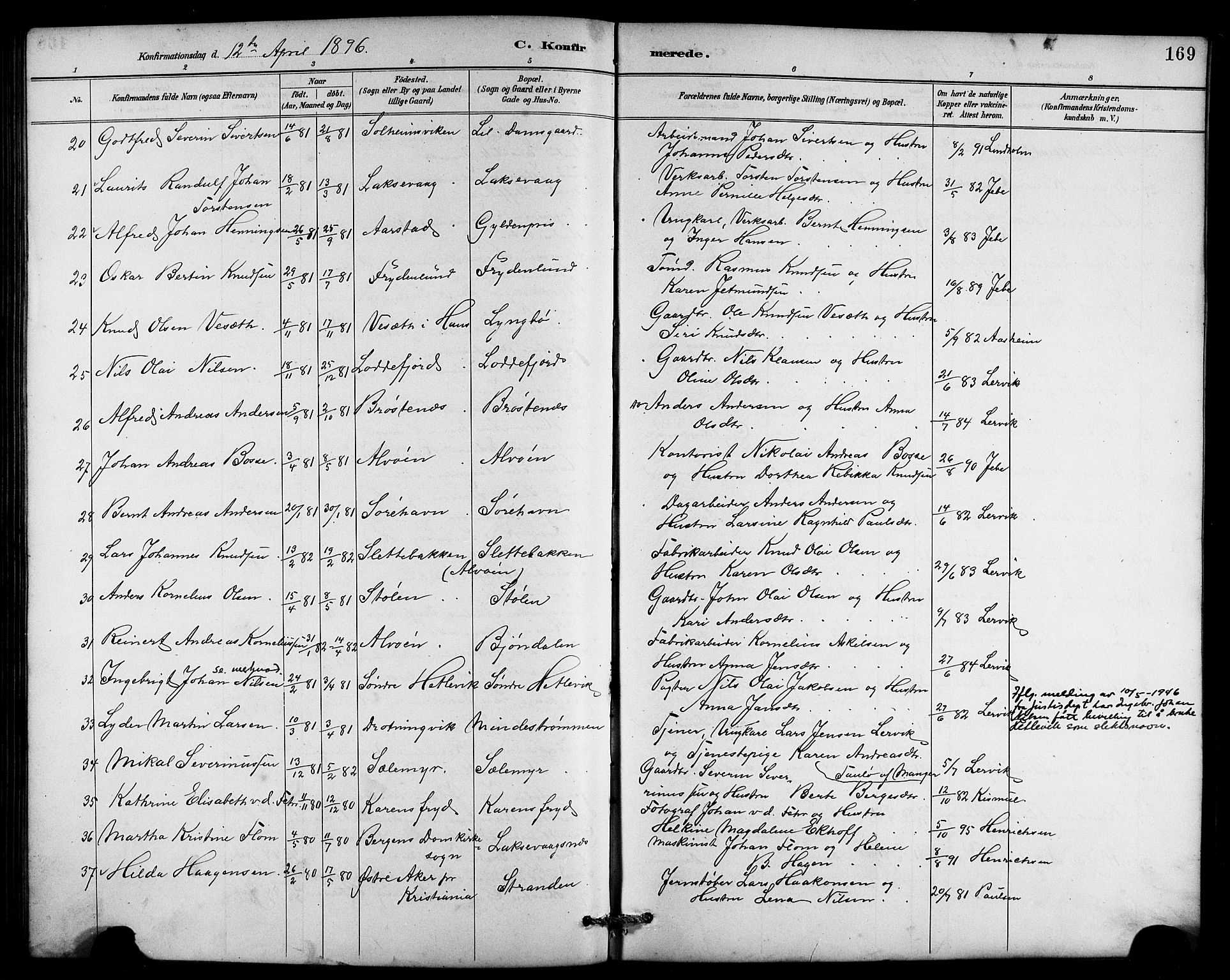 Laksevåg Sokneprestembete, SAB/A-76501/H/Ha/Hab/Haba/L0003: Parish register (copy) no. A 3, 1887-1899, p. 169
