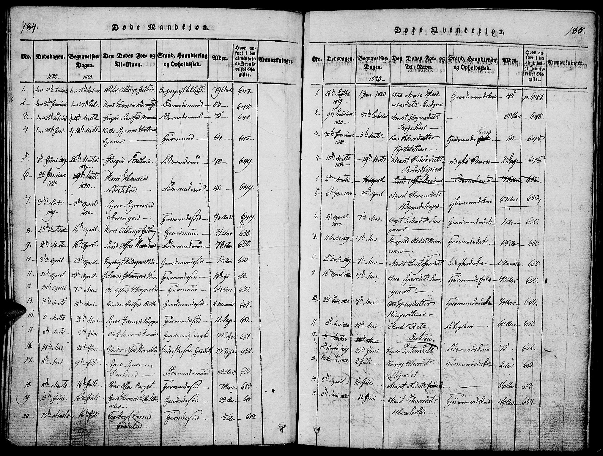 Lesja prestekontor, SAH/PREST-068/H/Ha/Haa/L0004: Parish register (official) no. 4, 1820-1829, p. 184-185