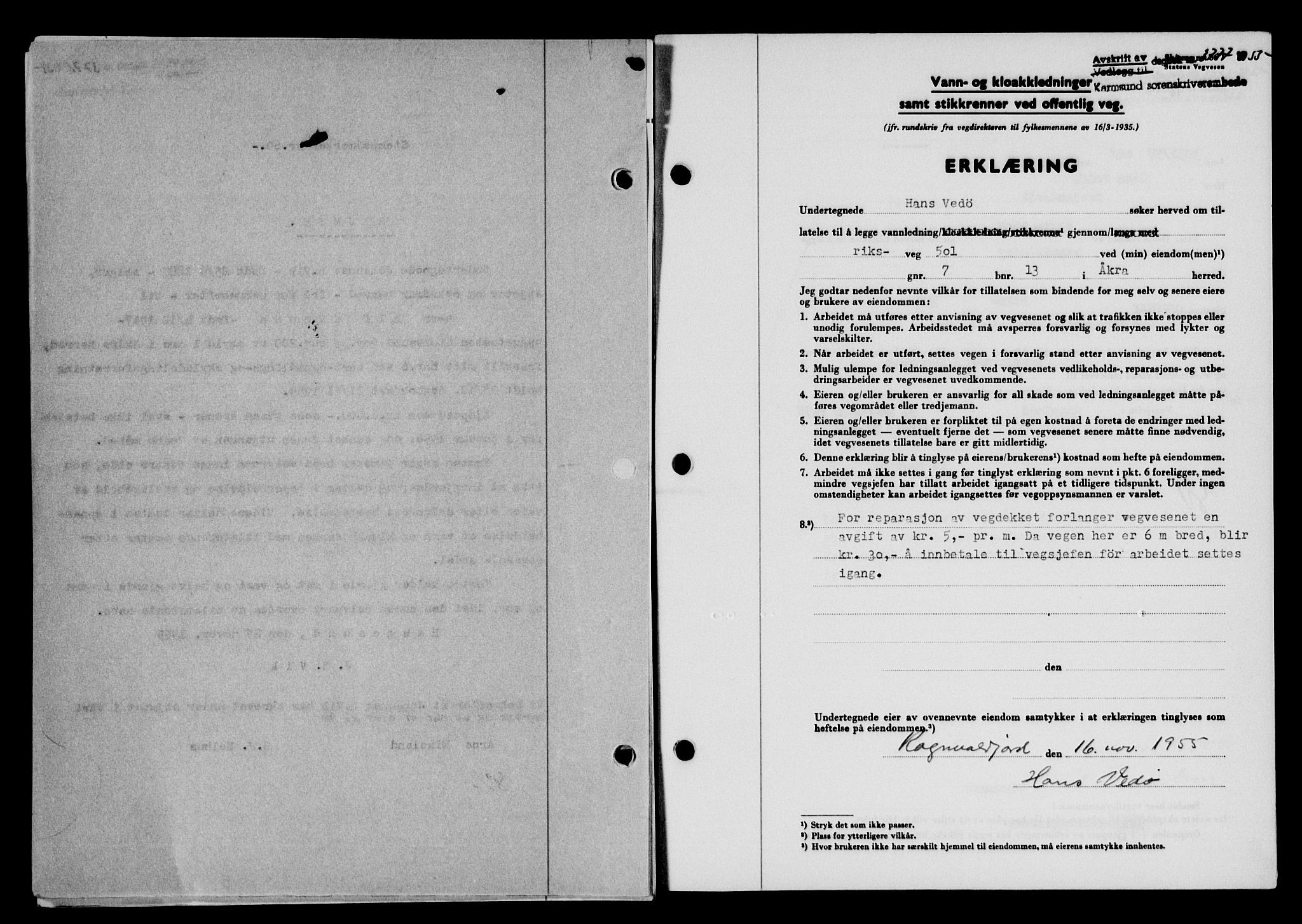Karmsund sorenskriveri, SAST/A-100311/01/II/IIB/L0117: Mortgage book no. 97Aa, 1955-1955, Diary no: : 3777/1955