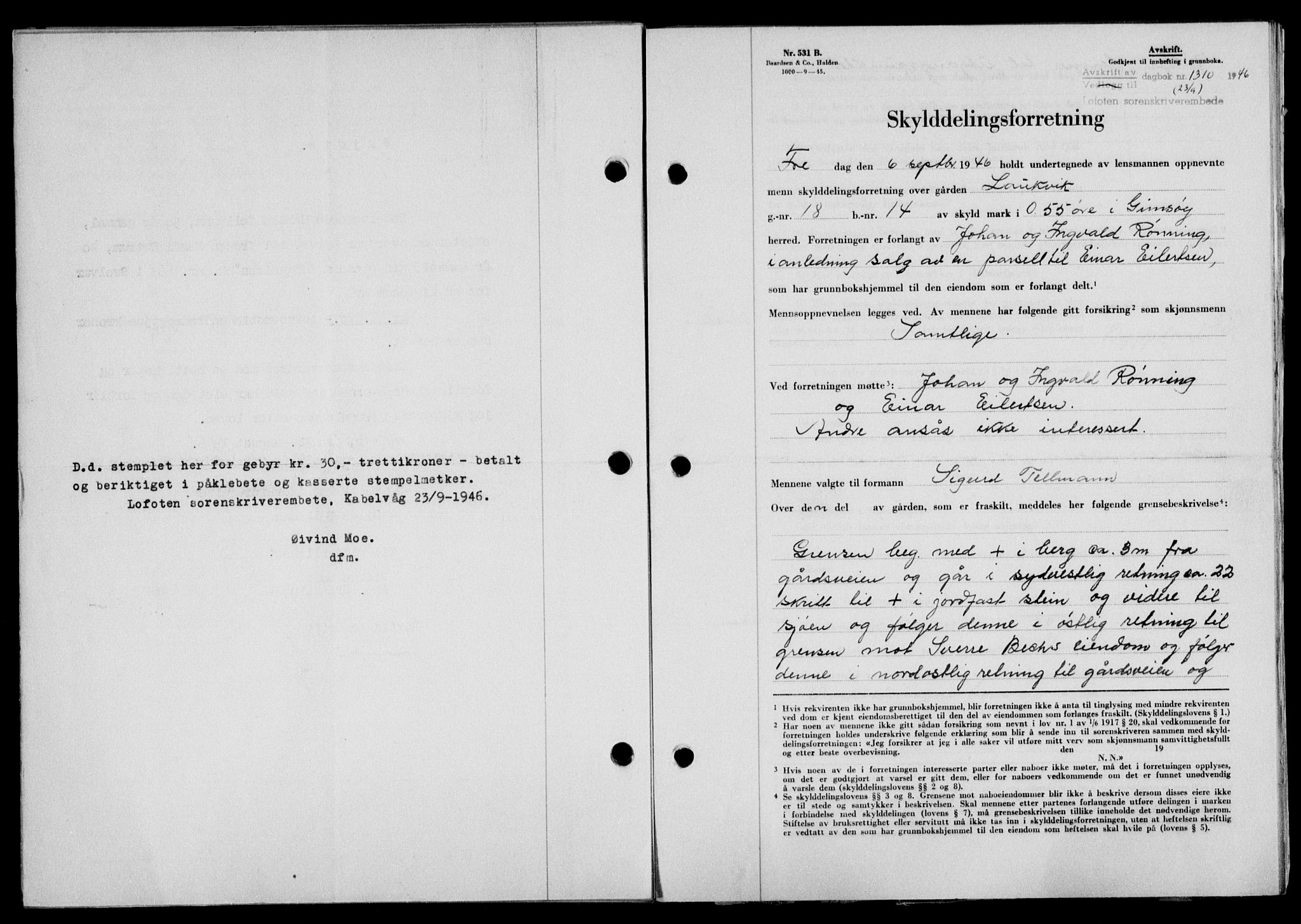 Lofoten sorenskriveri, SAT/A-0017/1/2/2C/L0014a: Mortgage book no. 14a, 1946-1946, Diary no: : 1310/1946