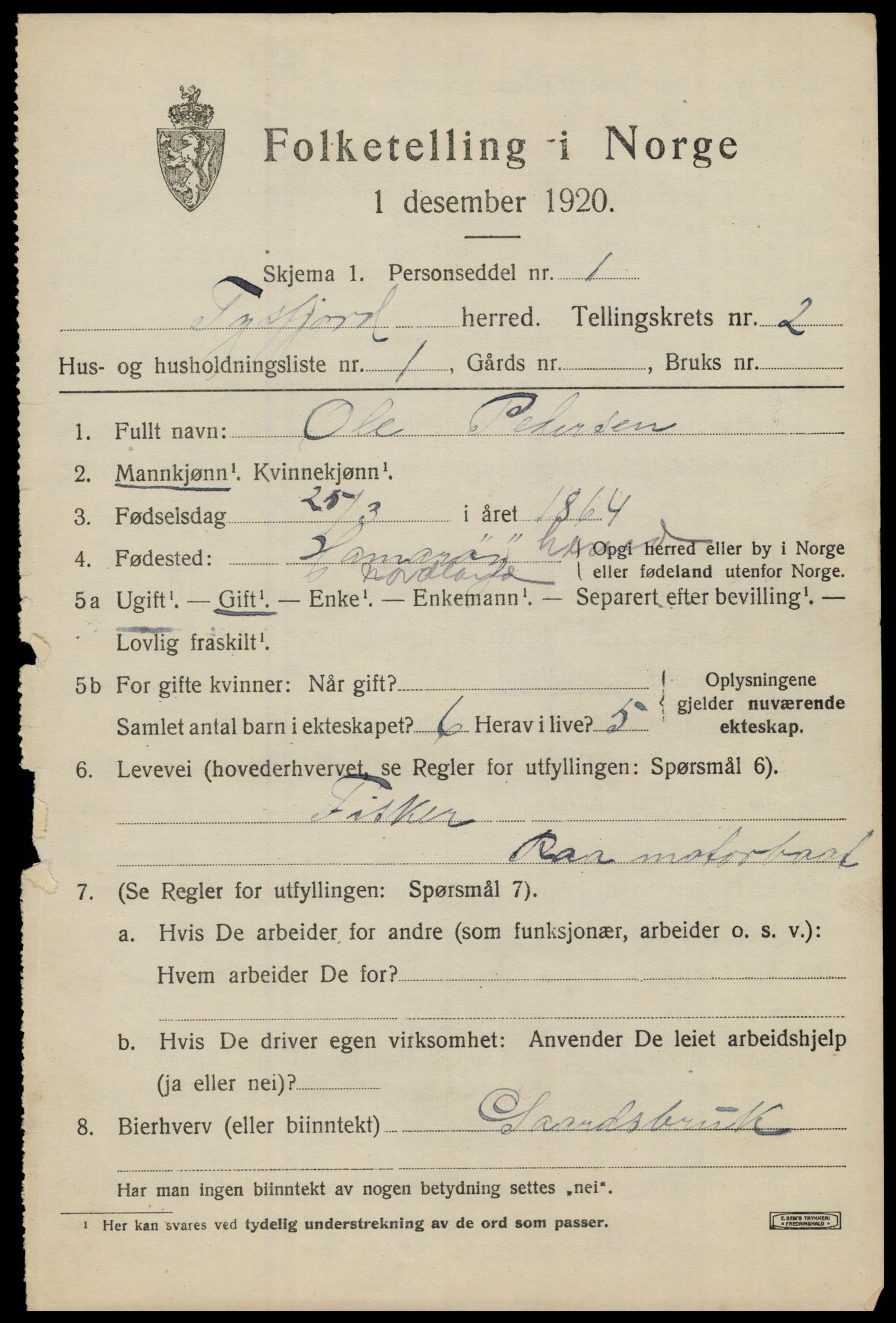 SAT, 1920 census for Tysfjord, 1920, p. 1227