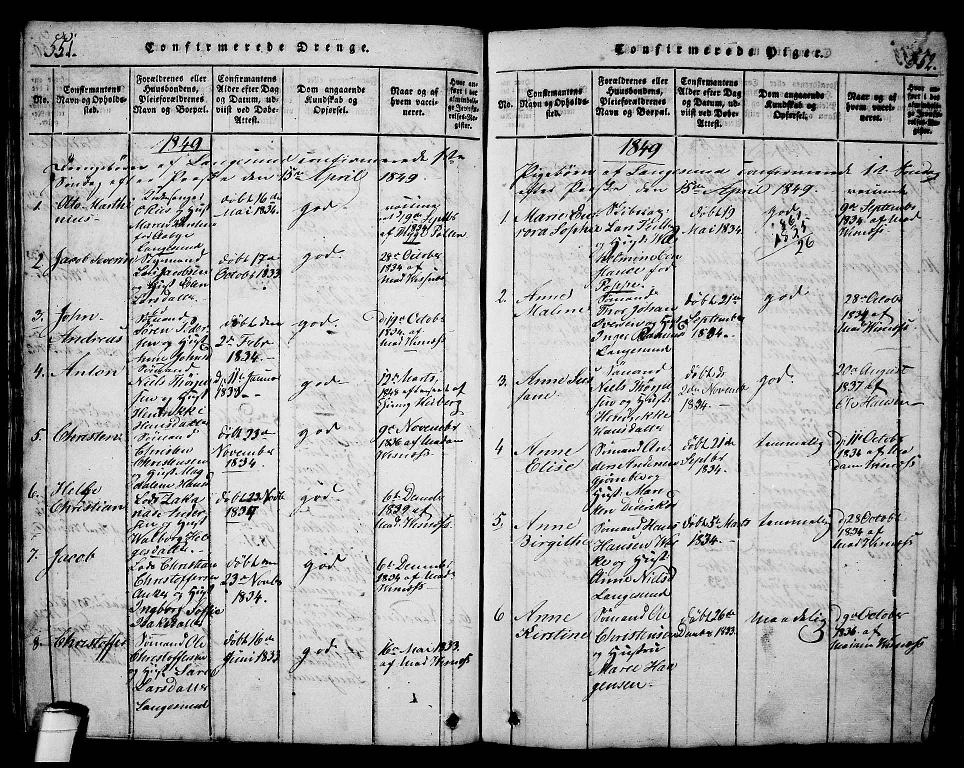 Langesund kirkebøker, SAKO/A-280/G/Ga/L0003: Parish register (copy) no. 3, 1815-1858, p. 551-552