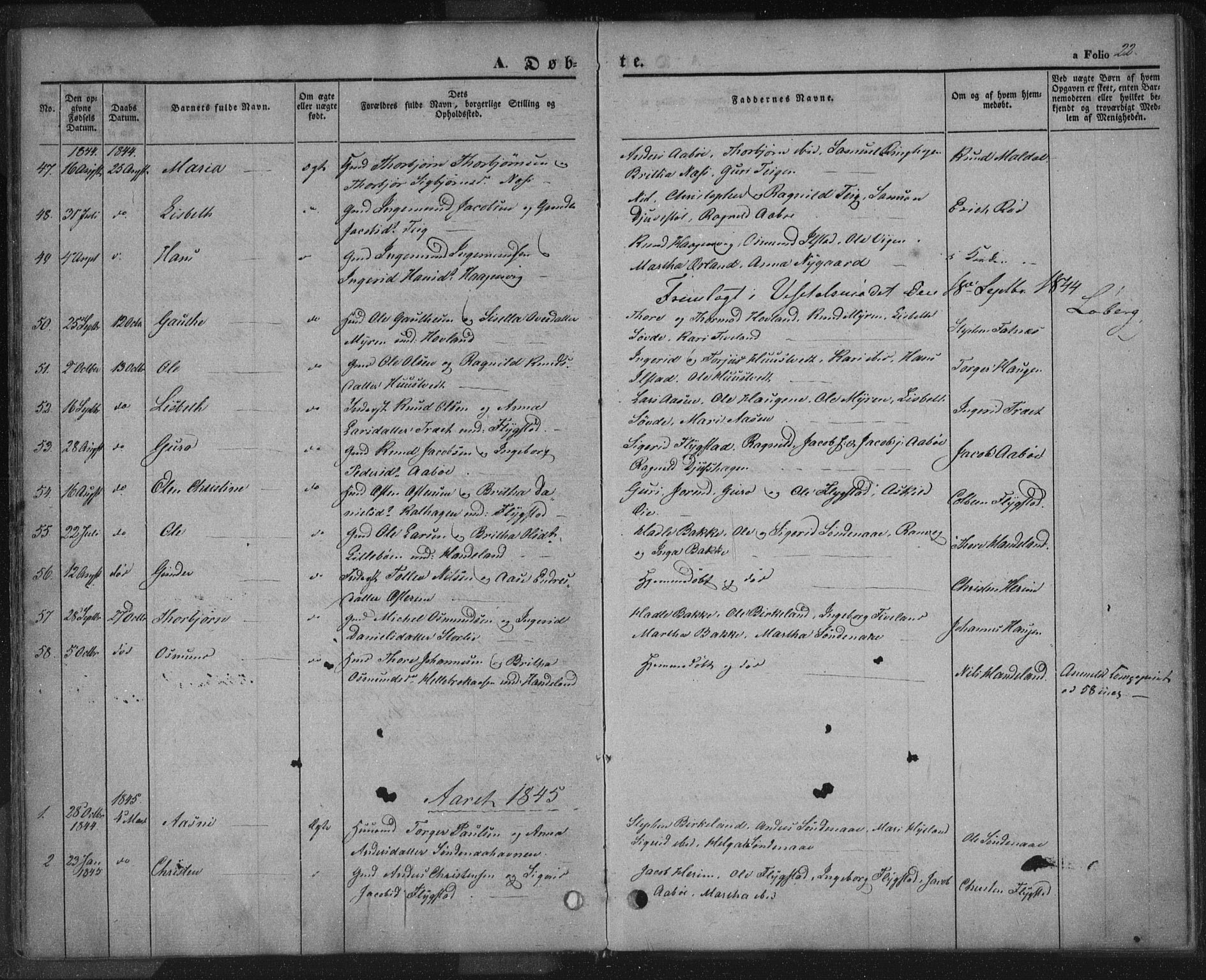 Sand sokneprestkontor, AV/SAST-A-101848/01/III/L0002: Parish register (official) no. A 2, 1838-1859, p. 22