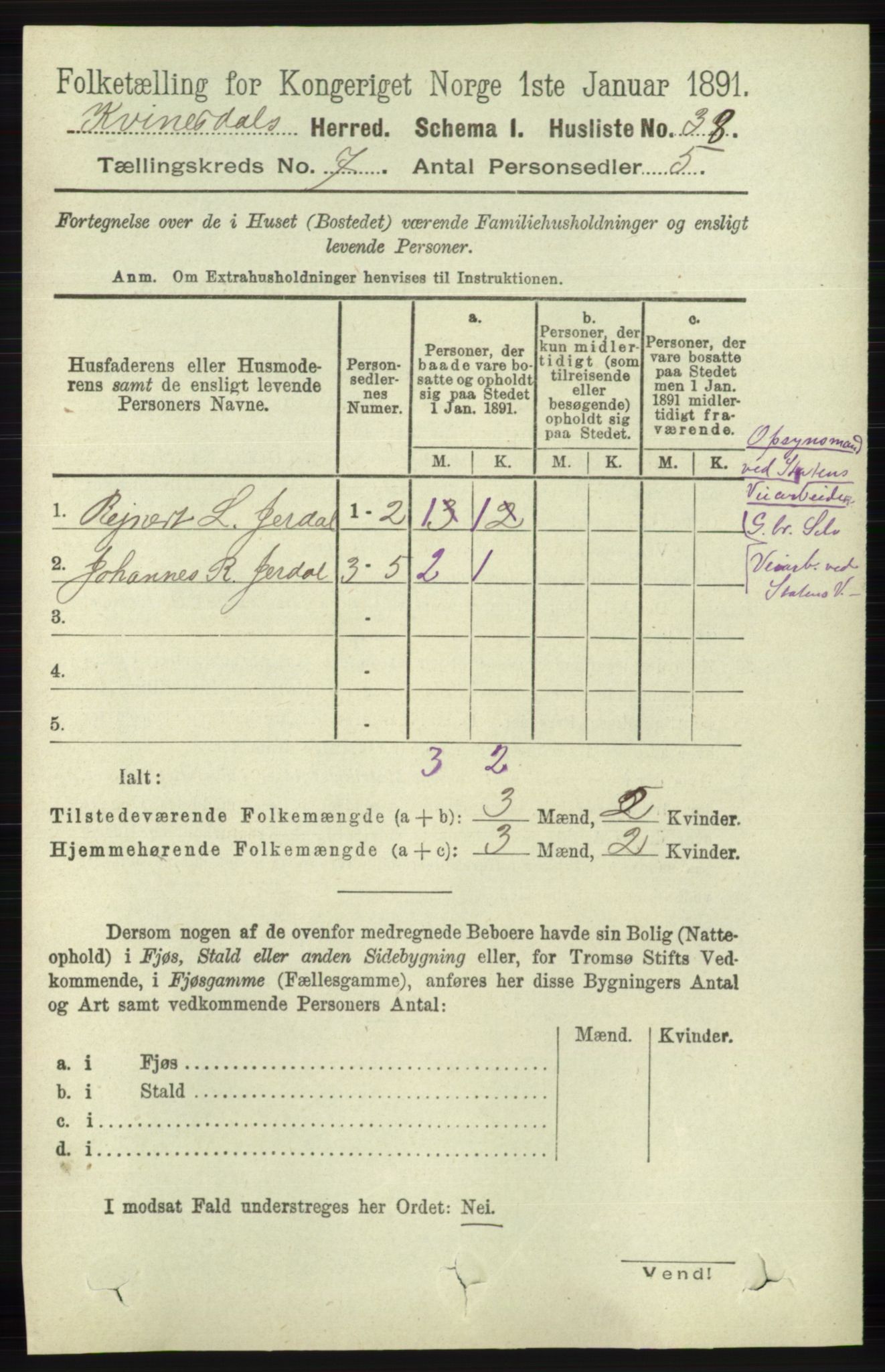 RA, 1891 census for 1037 Kvinesdal, 1891, p. 2413