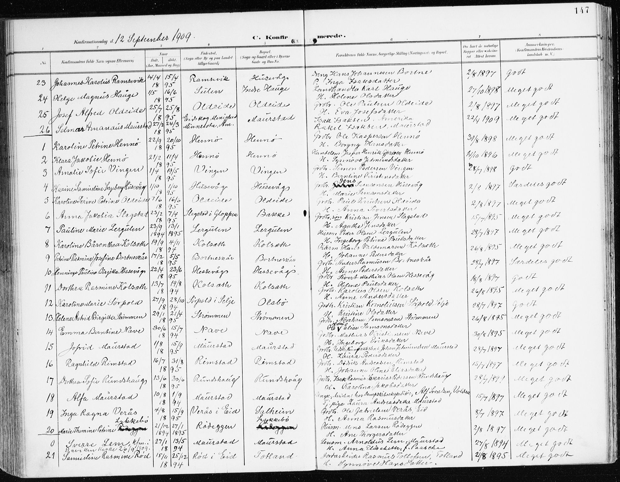 Davik sokneprestembete, AV/SAB-A-79701/H/Haa/Haad/L0002: Parish register (official) no. D 2, 1901-1930, p. 147