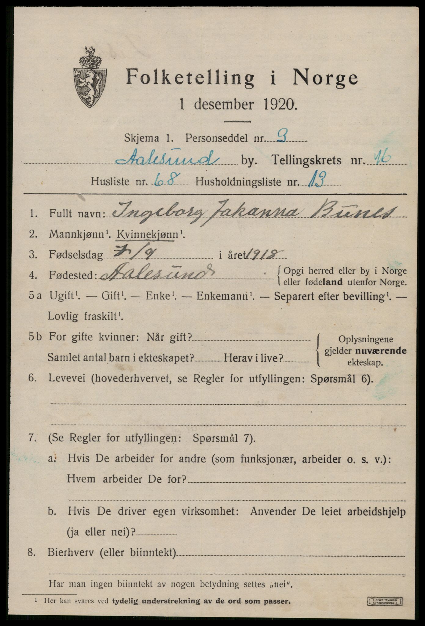 SAT, 1920 census for Ålesund, 1920, p. 33252