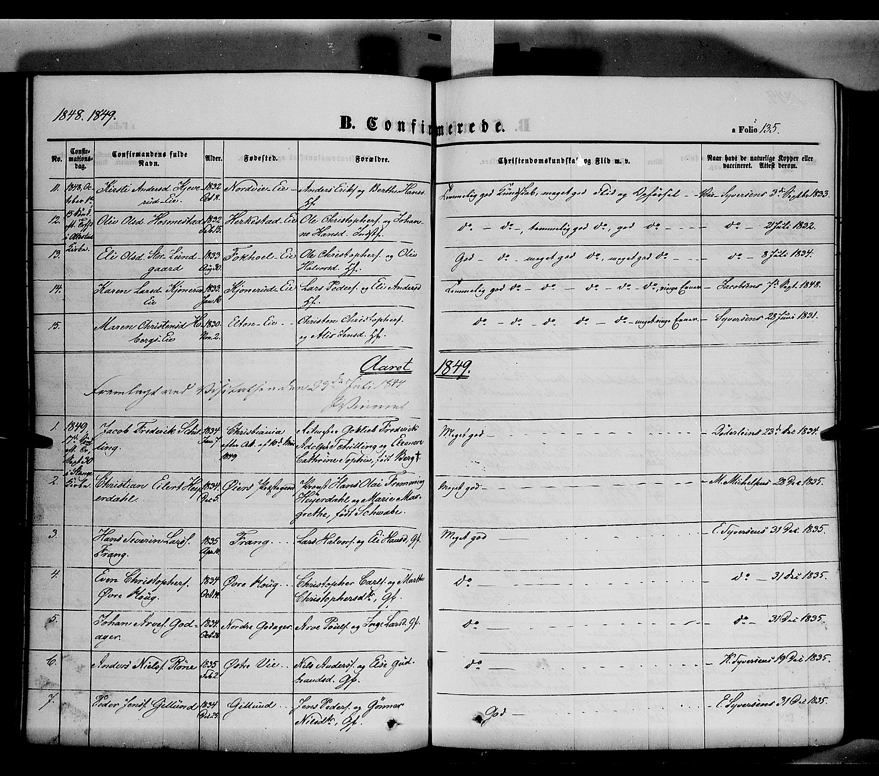 Stange prestekontor, SAH/PREST-002/K/L0011: Parish register (official) no. 11, 1846-1852, p. 135