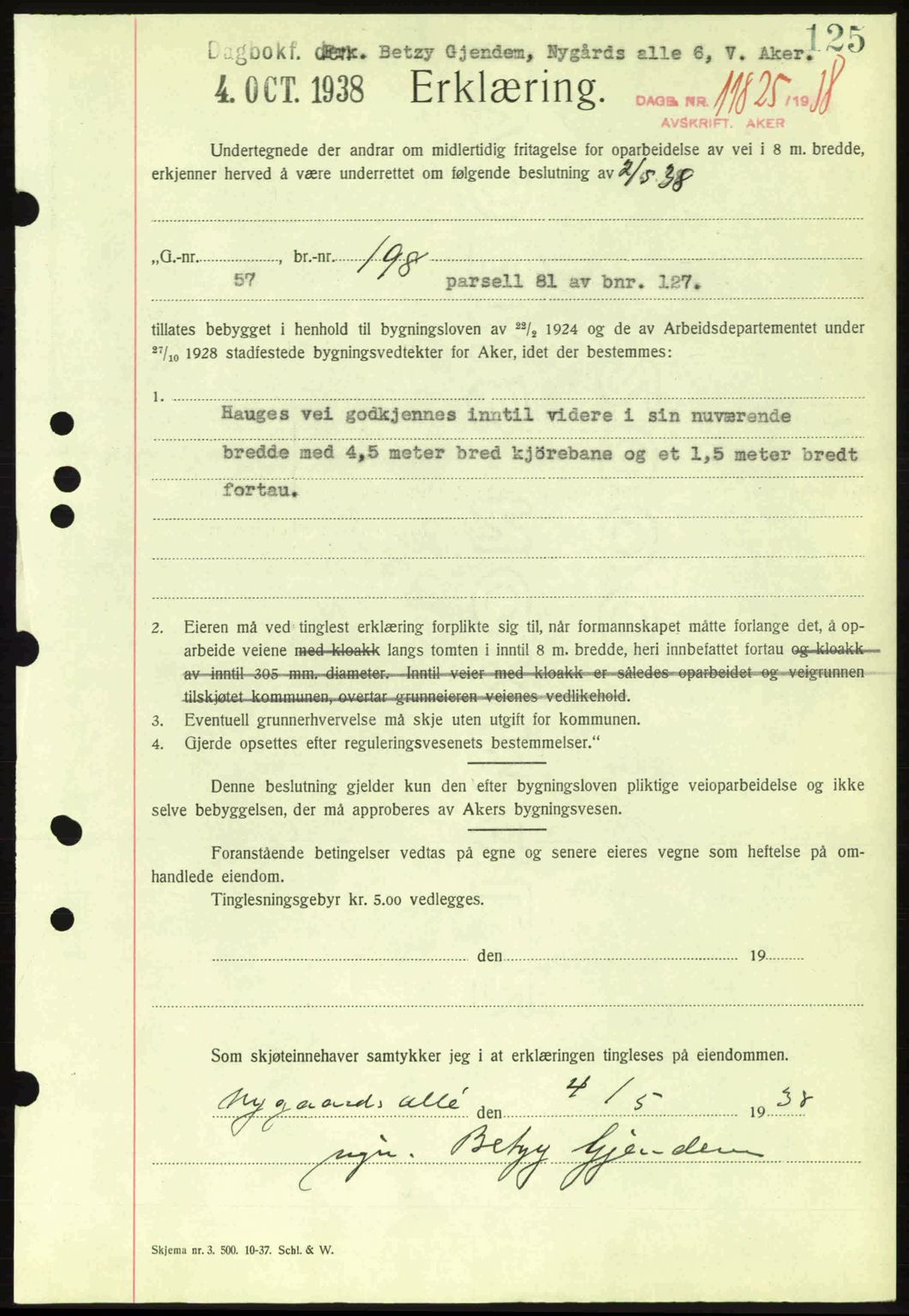 Aker herredsskriveri, SAO/A-10896/G/Gb/Gba/Gbab/L0025: Mortgage book no. A154-155, 1938-1938, Diary no: : 11825/1938