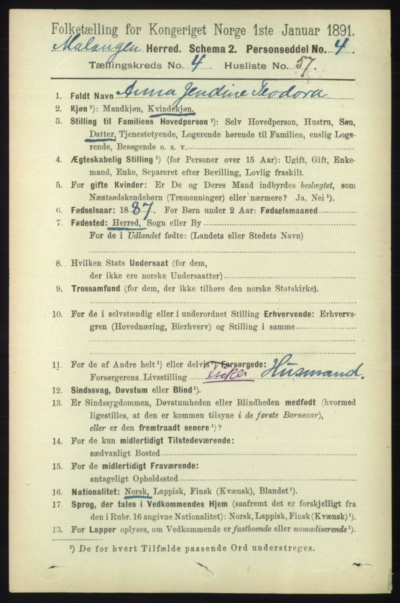 RA, 1891 census for 1932 Malangen, 1891, p. 1476