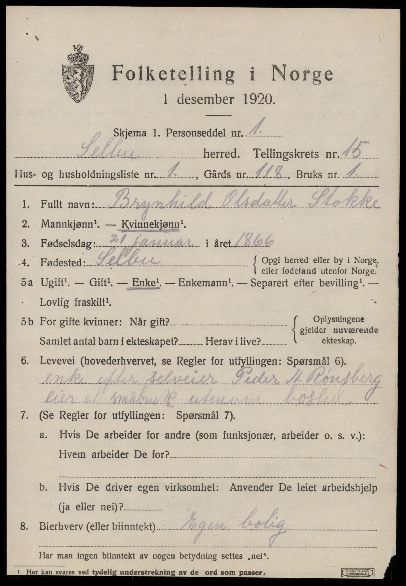 SAT, 1920 census for Selbu, 1920, p. 7856