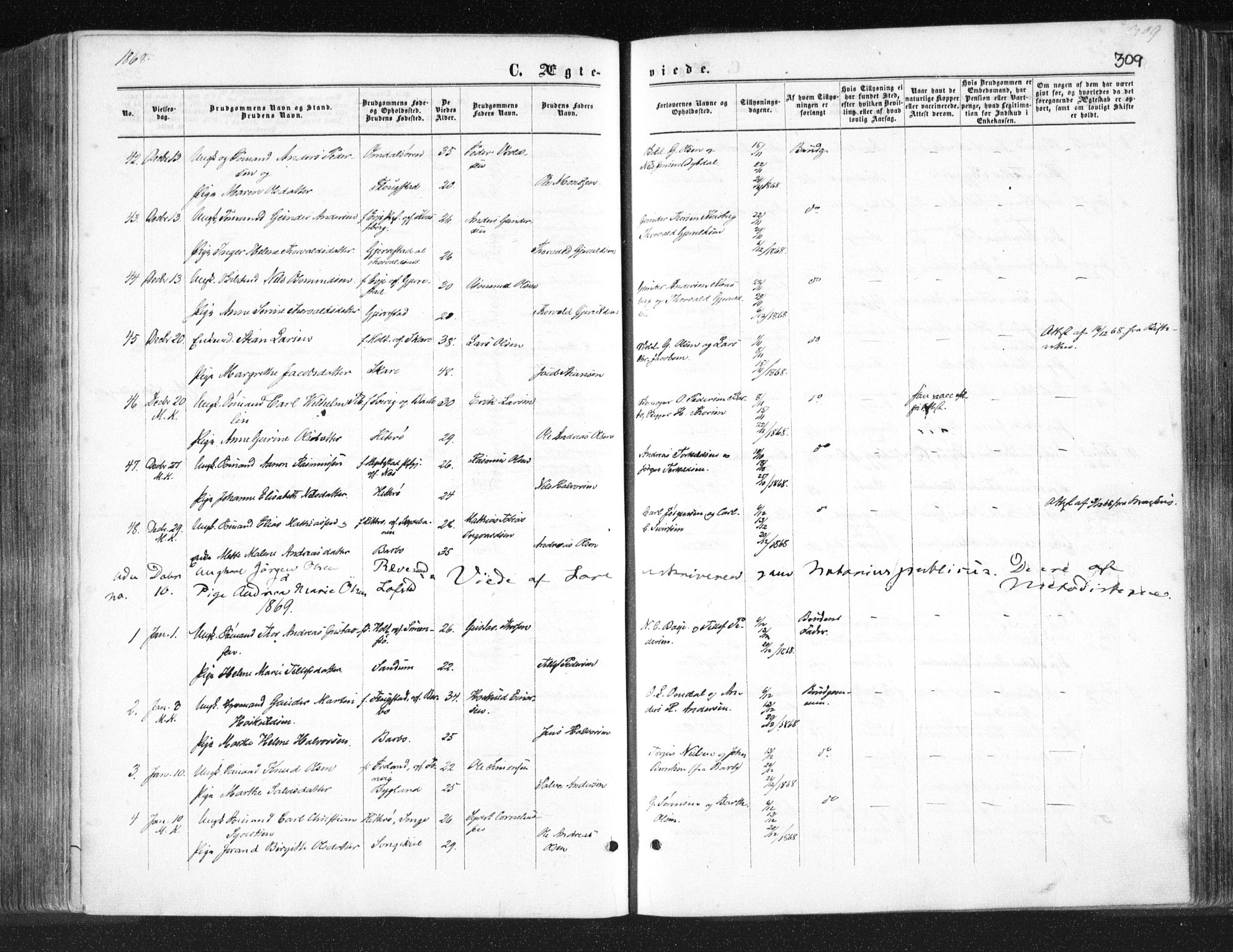 Tromøy sokneprestkontor, SAK/1111-0041/F/Fa/L0007: Parish register (official) no. A 7, 1864-1869, p. 309