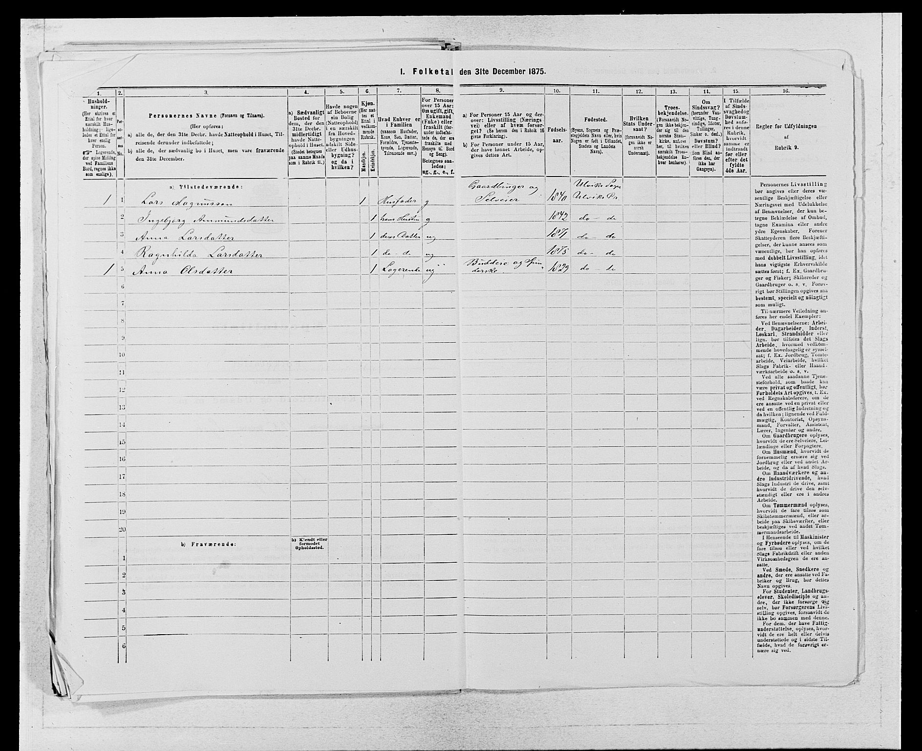 SAB, 1875 census for 1233P Ulvik, 1875, p. 298