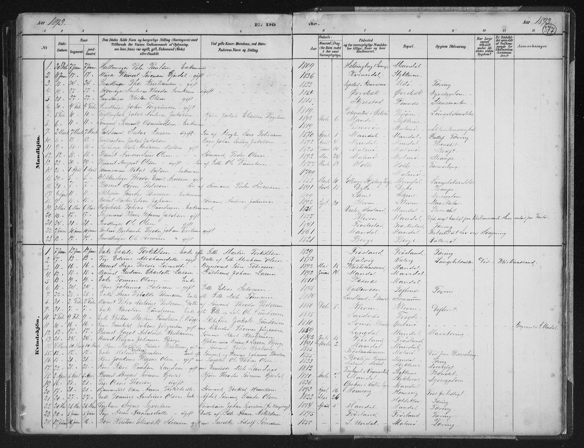 Mandal sokneprestkontor, SAK/1111-0030/F/Fb/Fba/L0011: Parish register (copy) no. B 5, 1880-1898, p. 377