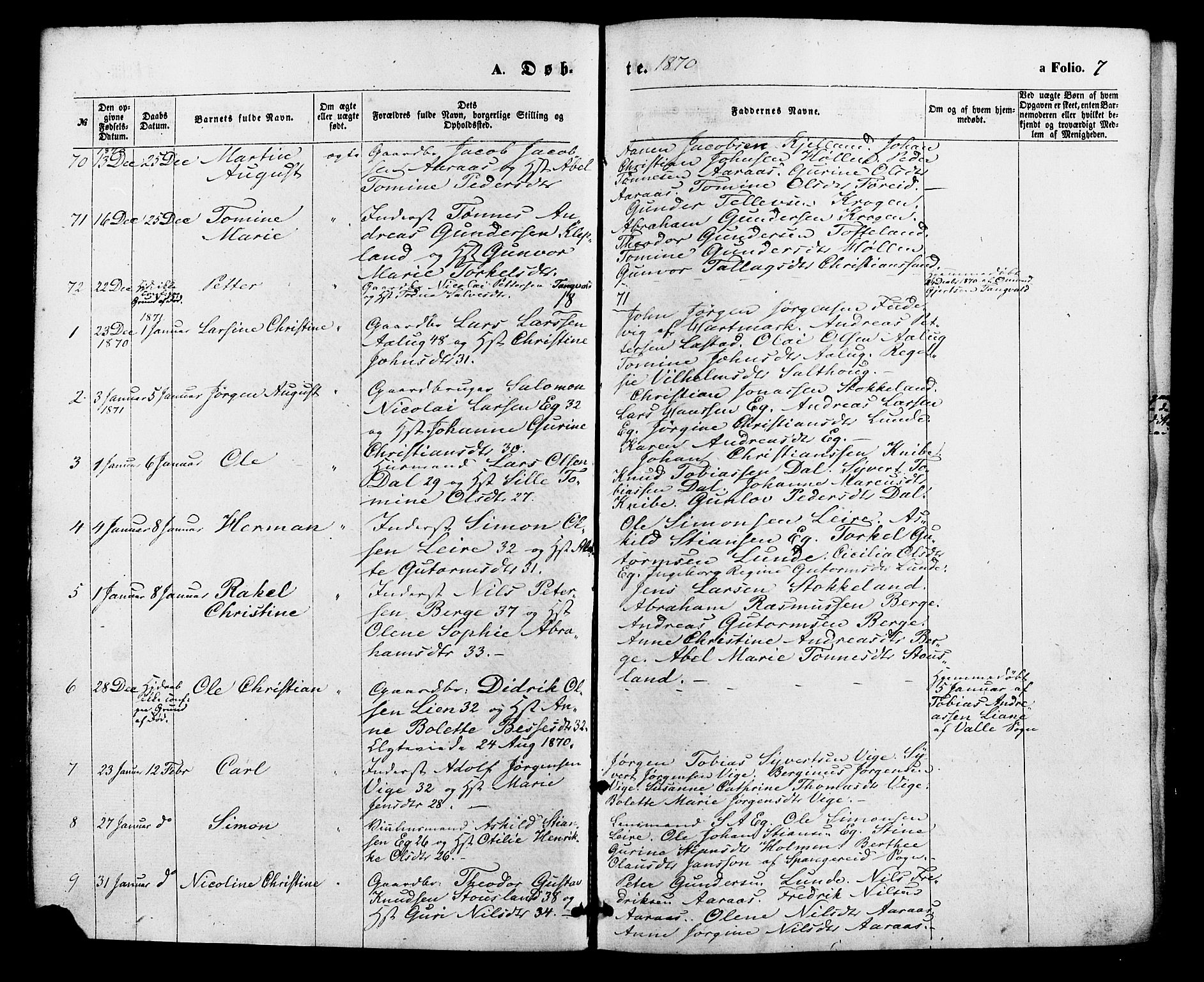 Søgne sokneprestkontor, AV/SAK-1111-0037/F/Fa/Fab/L0011: Parish register (official) no. A 11, 1869-1879, p. 7