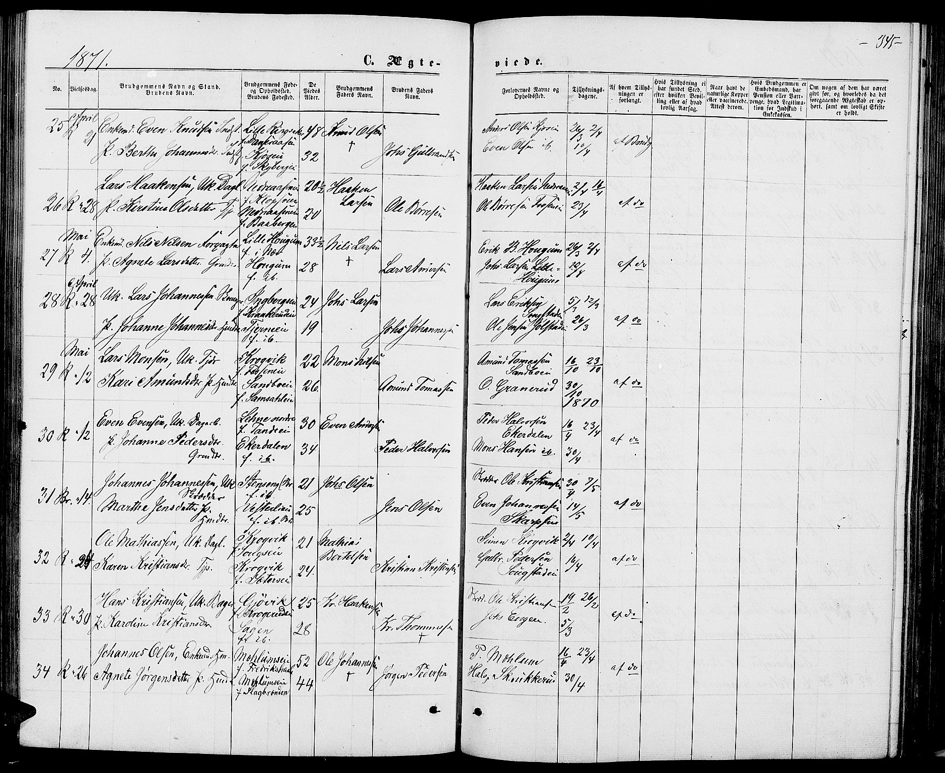 Ringsaker prestekontor, AV/SAH-PREST-014/L/La/L0008: Parish register (copy) no. 8, 1870-1878, p. 345