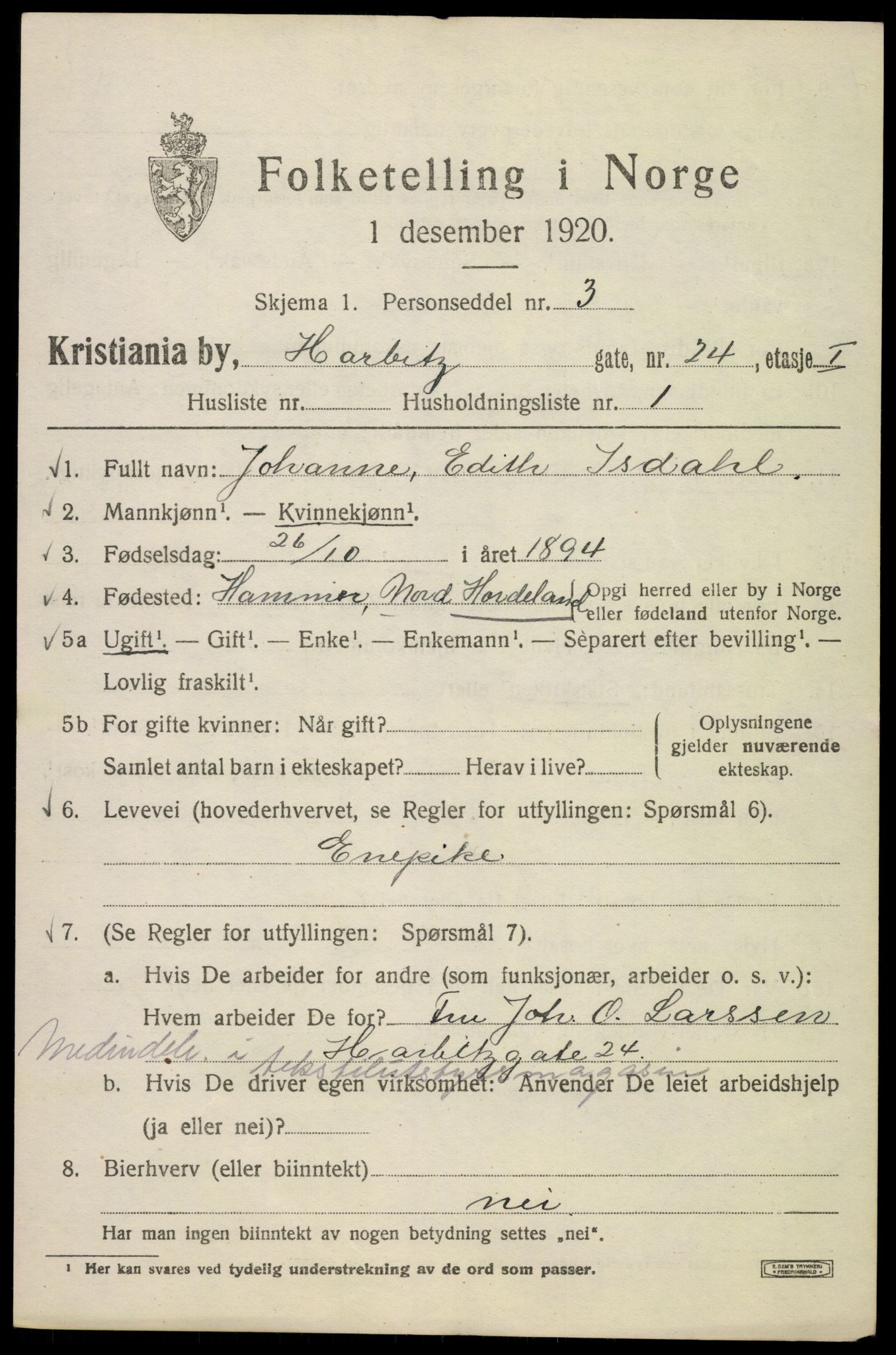 SAO, 1920 census for Kristiania, 1920, p. 271893